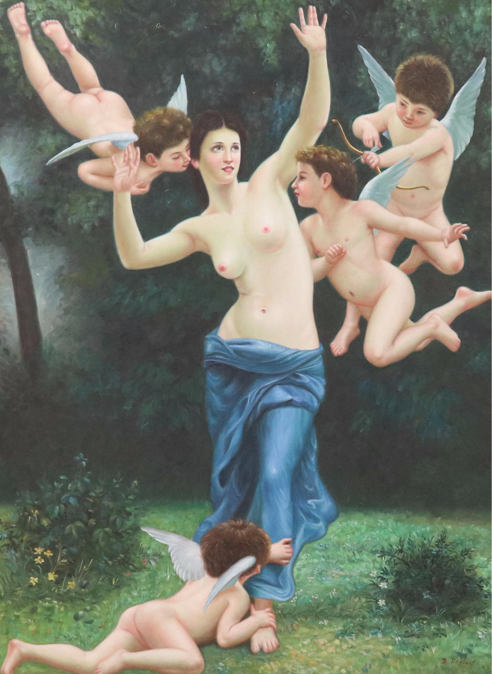 After William Adolphe Bouguereau Oil Painting "Invading Cupid's Realm"