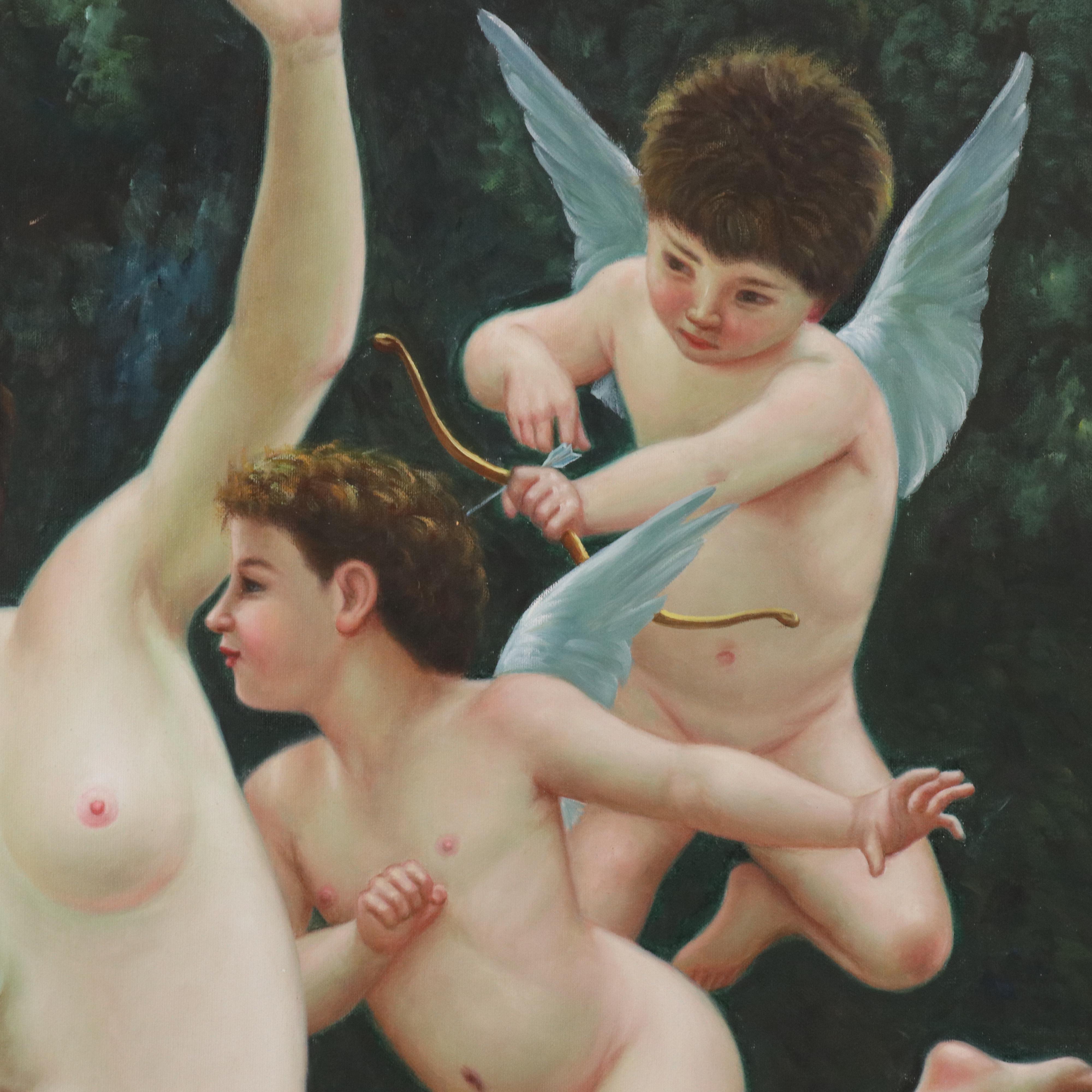 After William Adolphe Bouguereau Oil Painting "Invading Cupid's Realm"