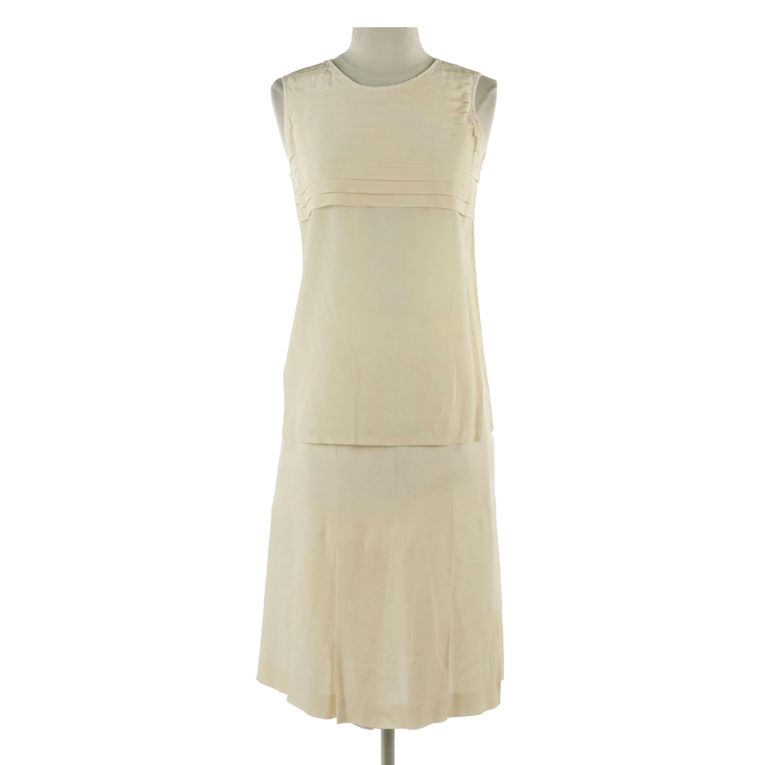 Chanel Spring Collection Pleated Sleeveless Top and Skirt in Off-White Silk