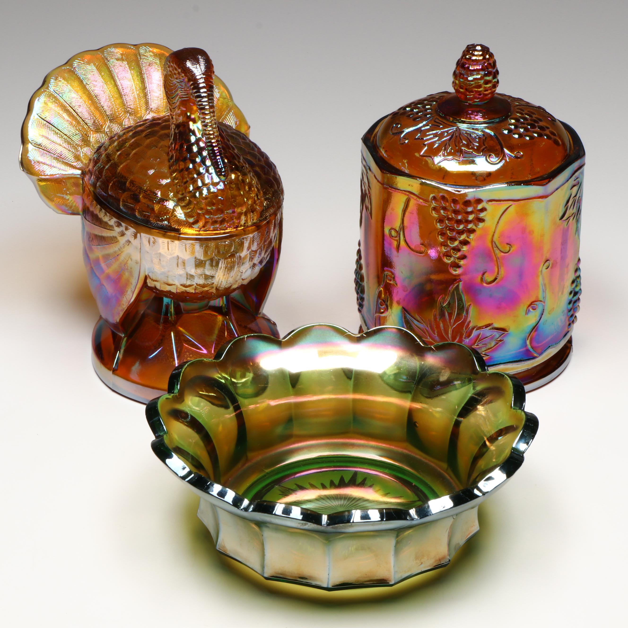 Indiana "Harvest Grape" and Turkey Shaped Jars with Other Carnival Glass