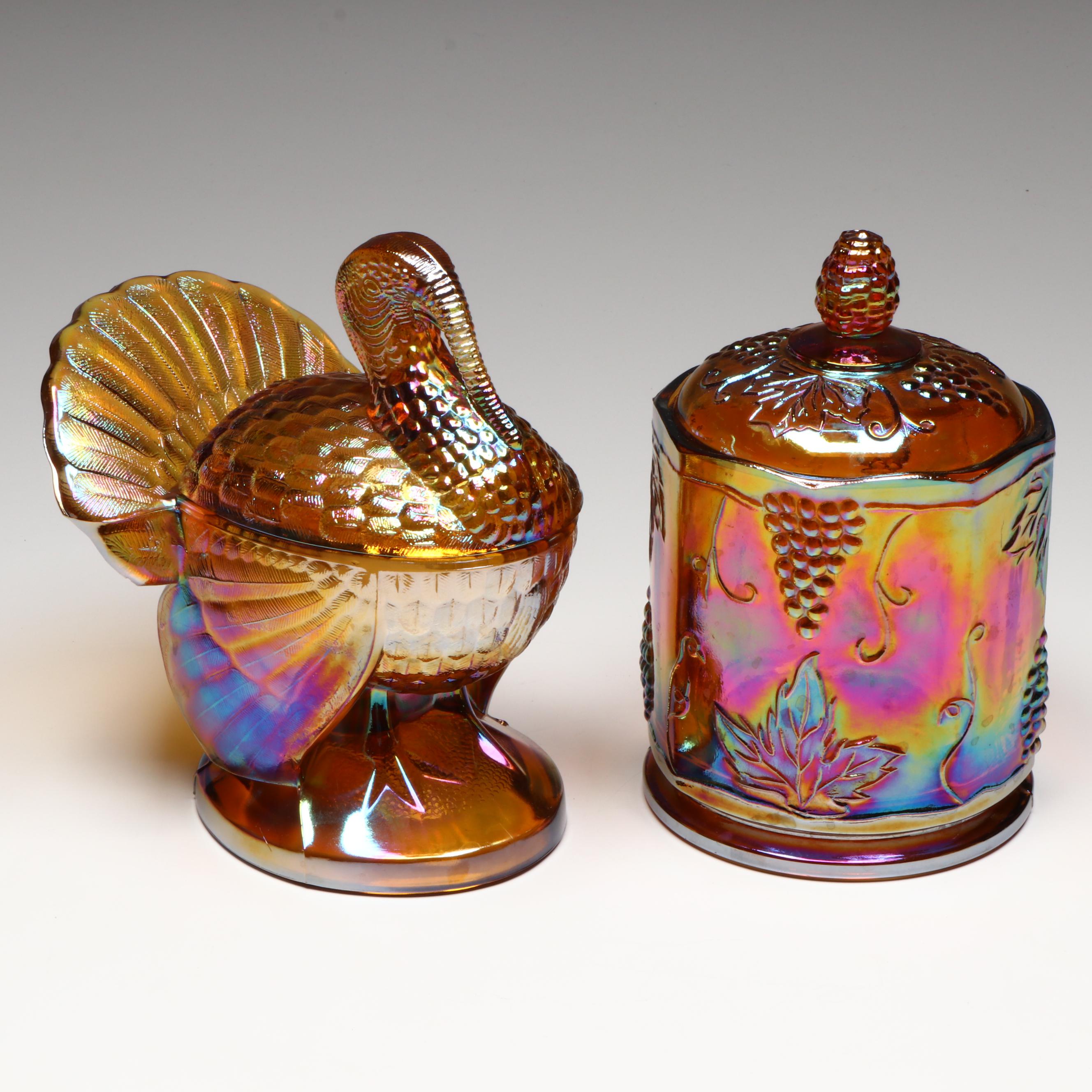 Indiana "Harvest Grape" and Turkey Shaped Jars with Other Carnival Glass