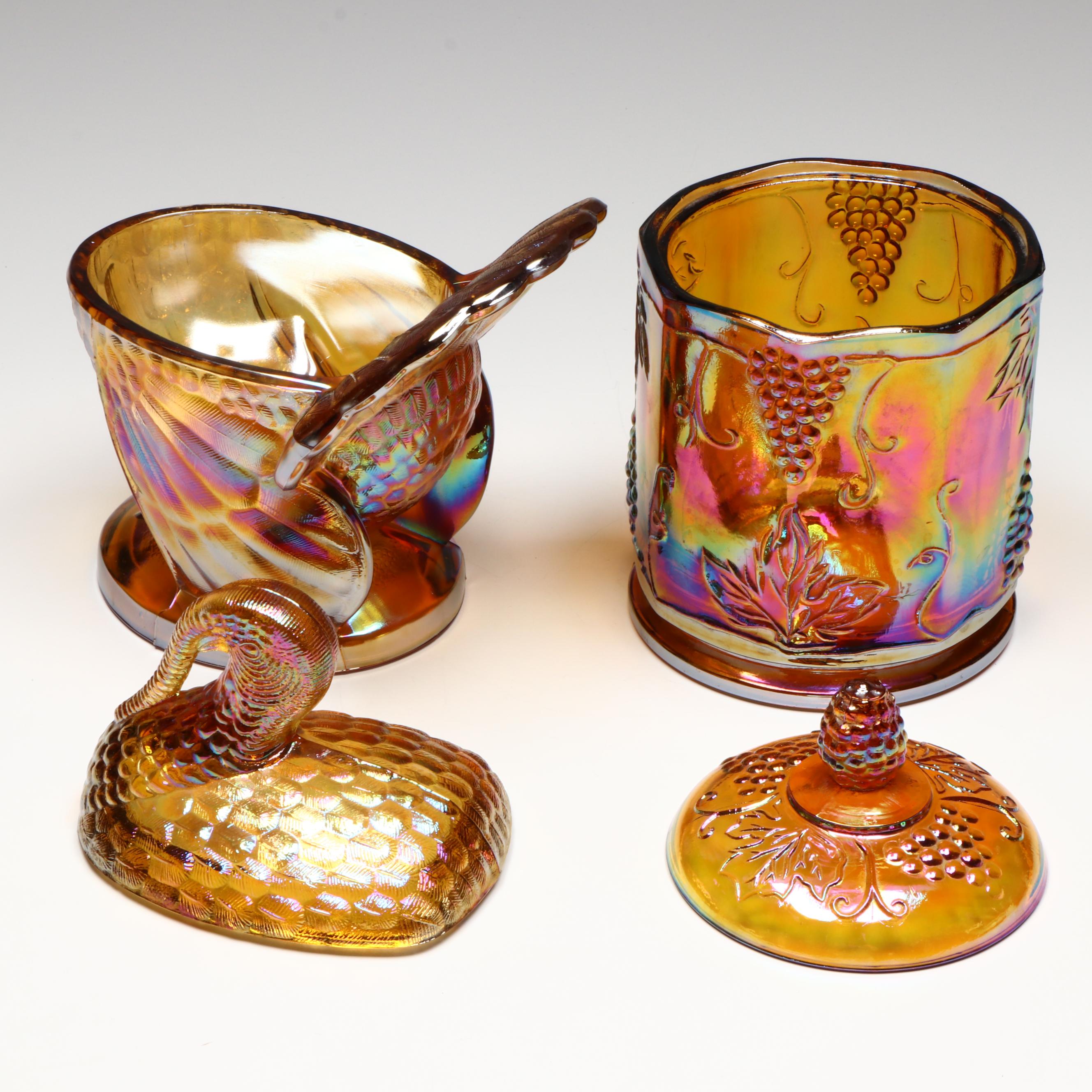 Indiana "Harvest Grape" and Turkey Shaped Jars with Other Carnival Glass