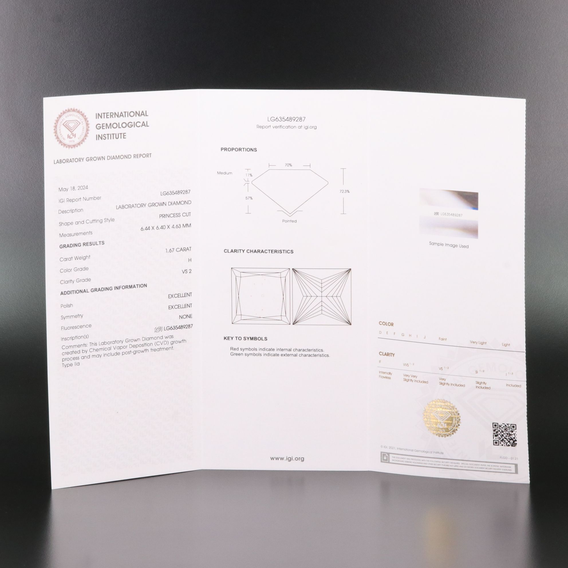 Loose 1.67 CT Lab Grown Diamond with IGI Report