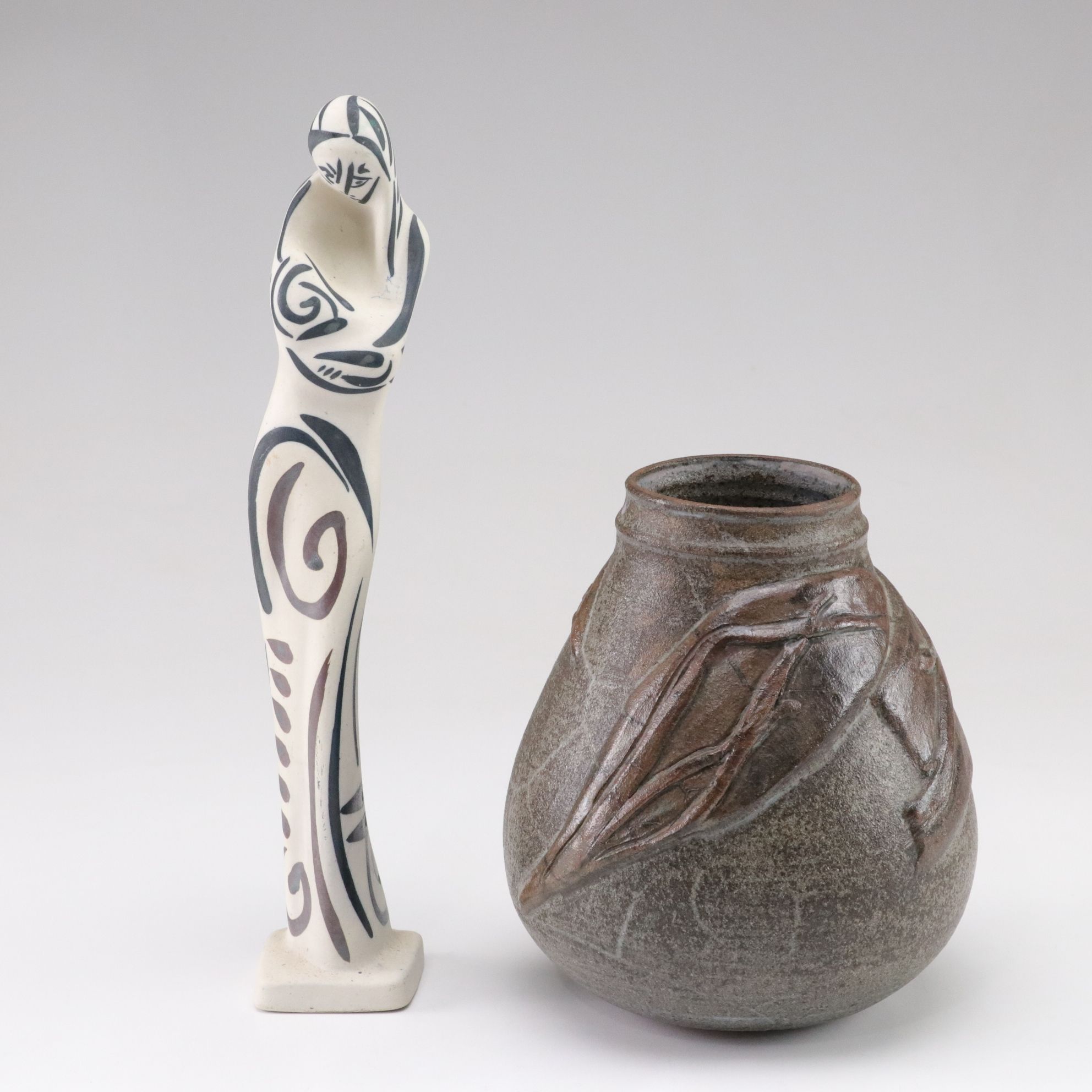 Alfonso Otero Regal Abstract Porcelain Sculpture and Wickham Stoneware Vase