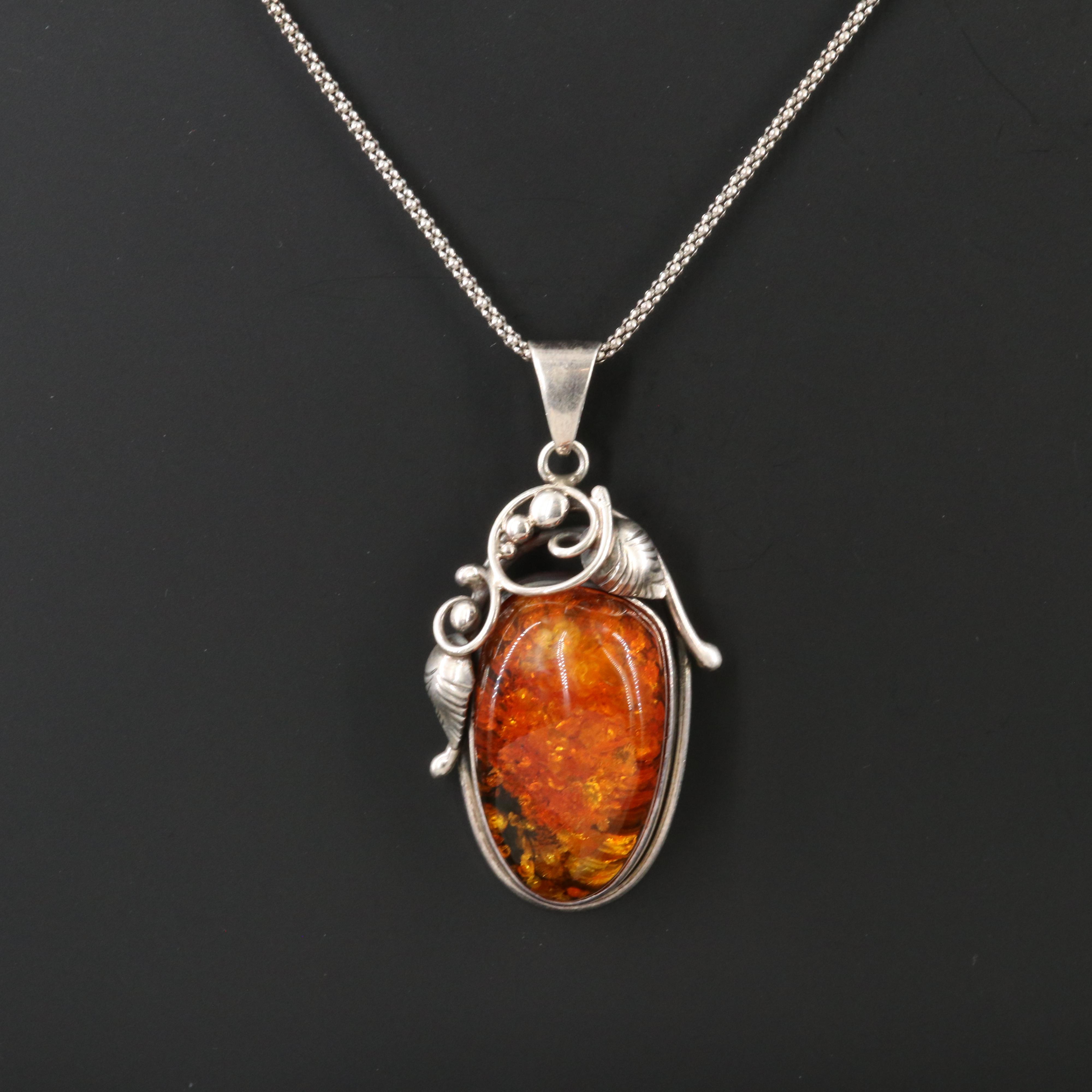 Sterling Amber Scrollwork Drop Pendant Necklace