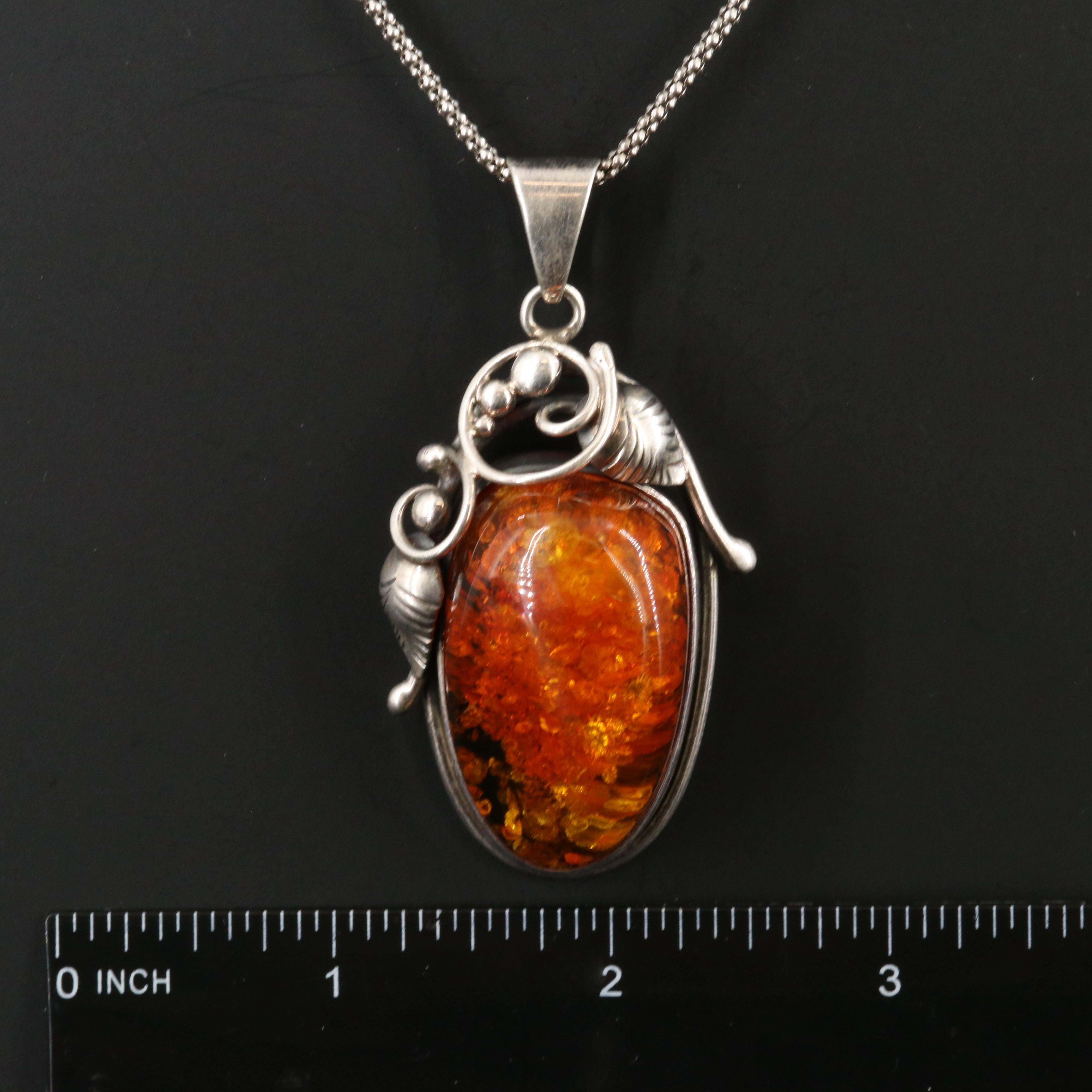 Sterling Amber Scrollwork Drop Pendant Necklace