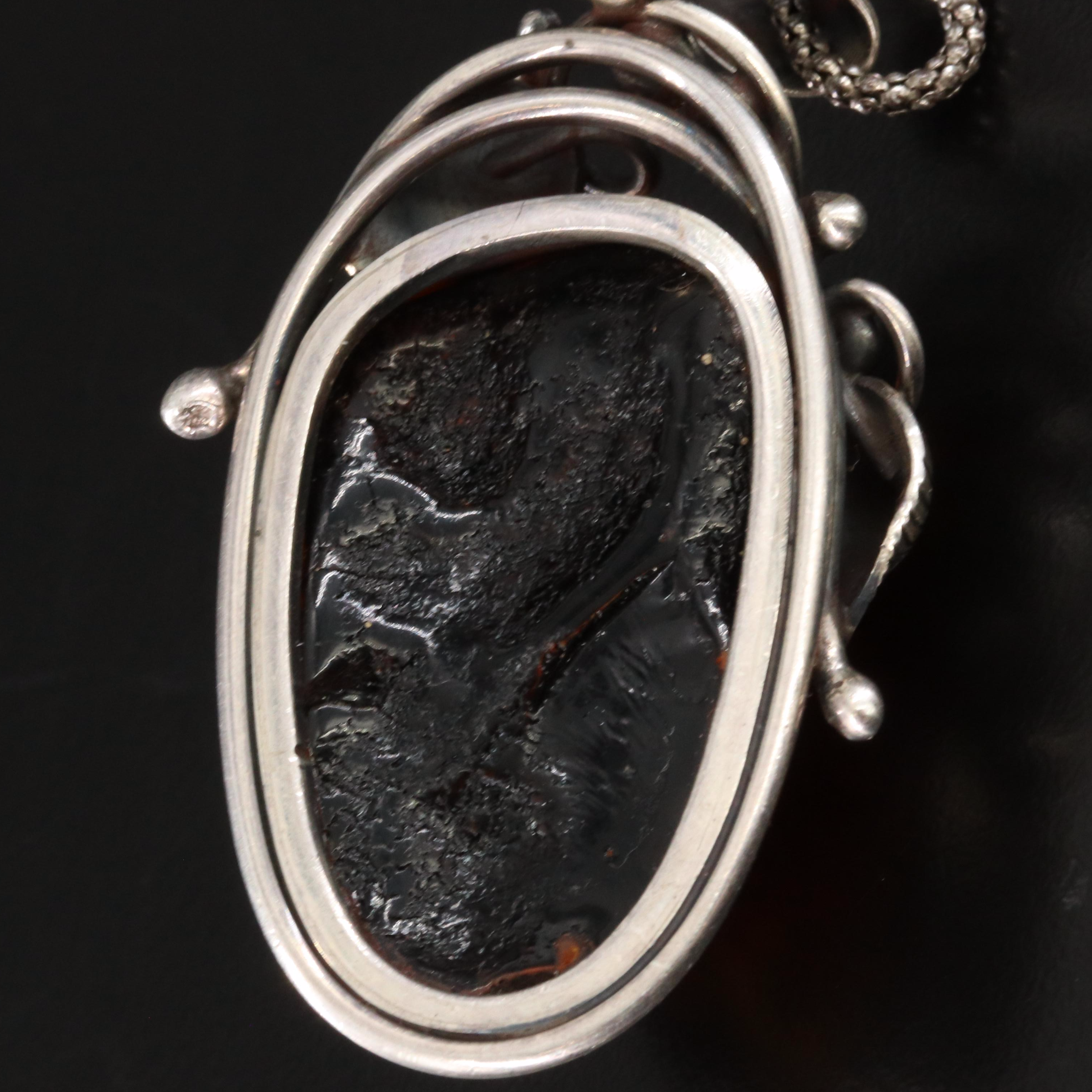 Sterling Amber Scrollwork Drop Pendant Necklace