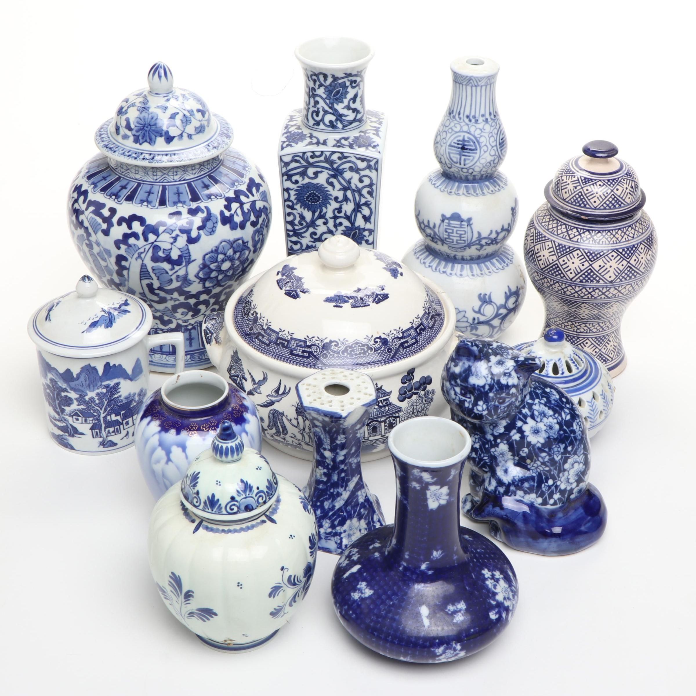 Chinese Blue and White Porcelain Vases with Other Ceramic Blue and White Décor