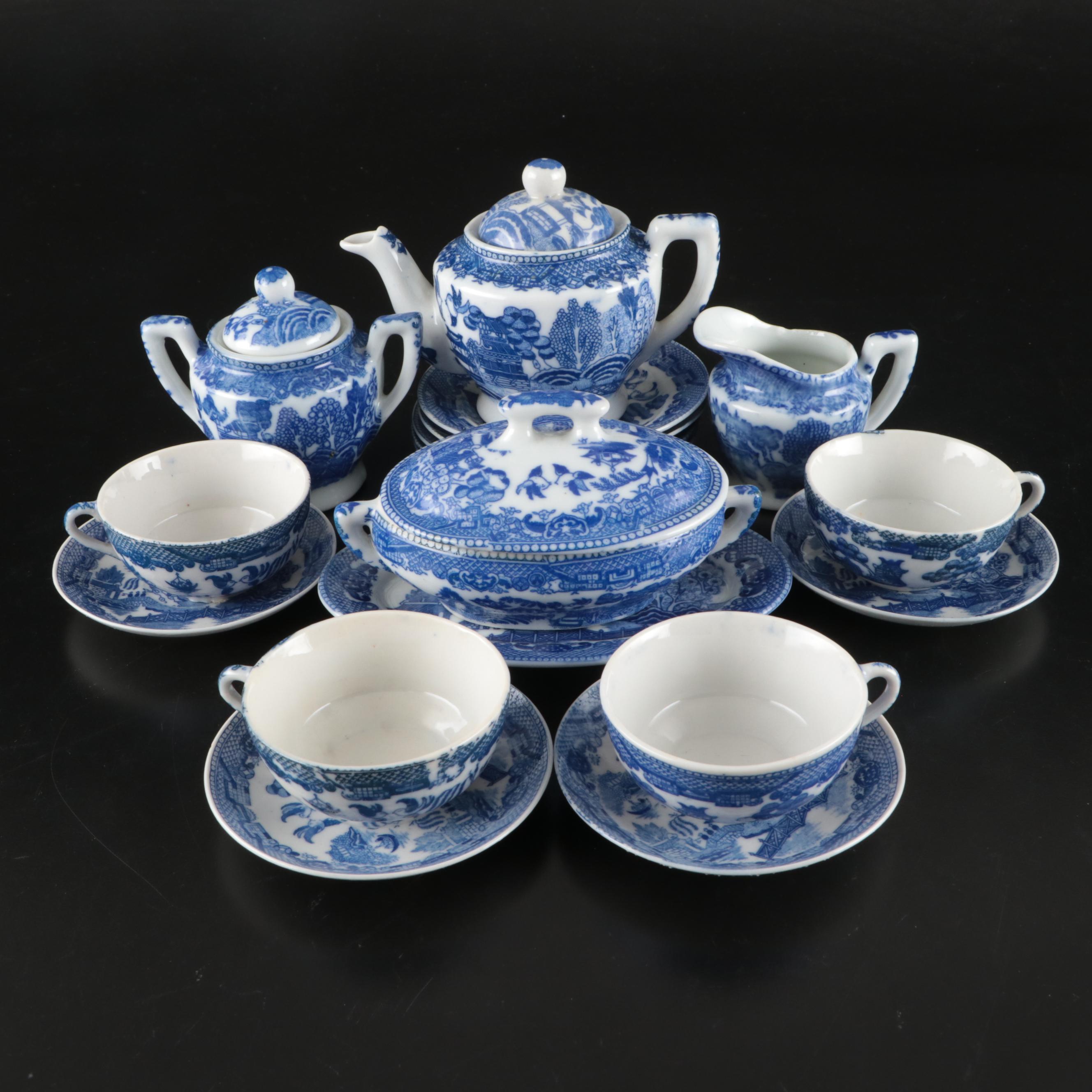 Japanese Blue on White Transferware Porcelain Tea Set