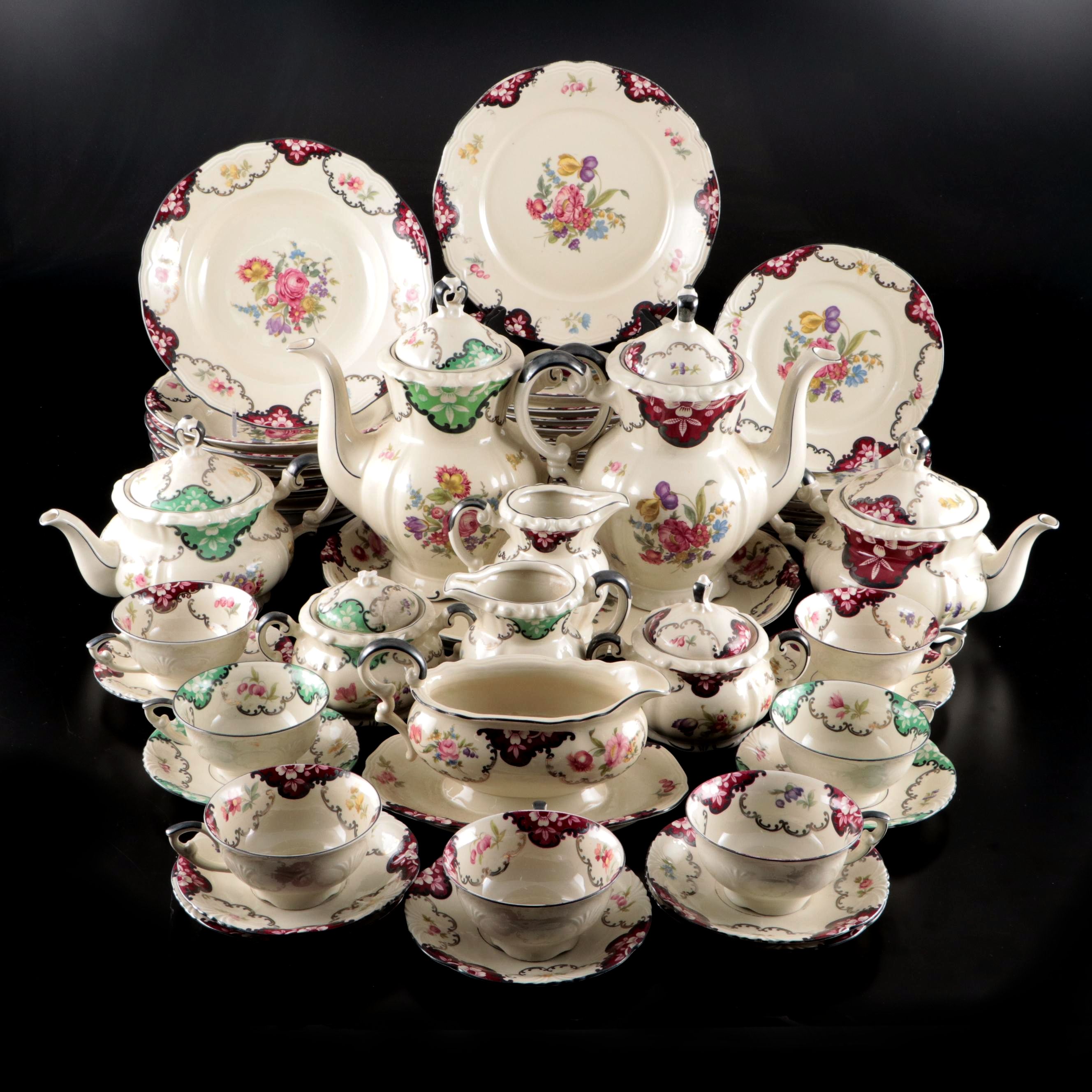 Mitterteich Floral Silver Rimmed Porcelain Dinnerware, Early to Mid-20th C.