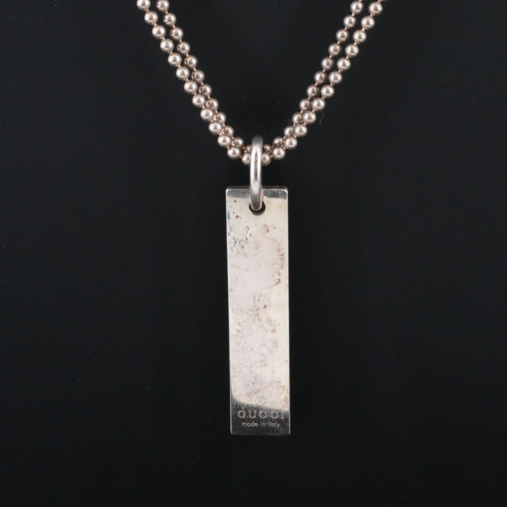 Gucci Sterling Bar Plate Pendant Double Chain Bead Necklace
