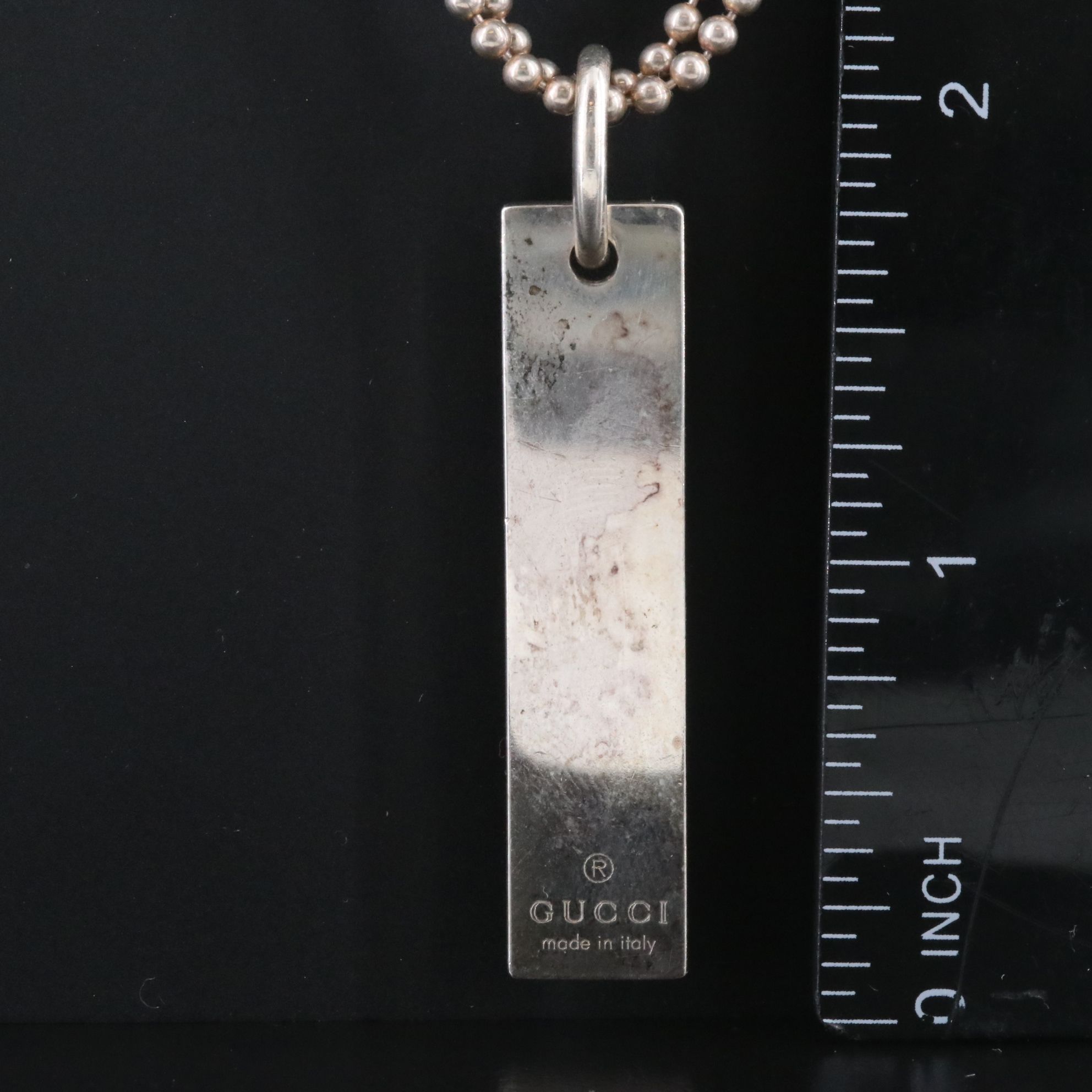 Gucci Sterling Bar Plate Pendant Double Chain Bead Necklace