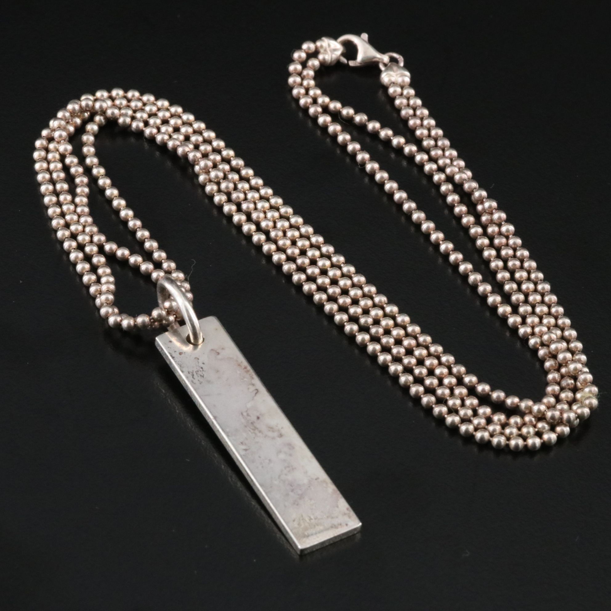 Gucci Sterling Bar Plate Pendant Double Chain Bead Necklace