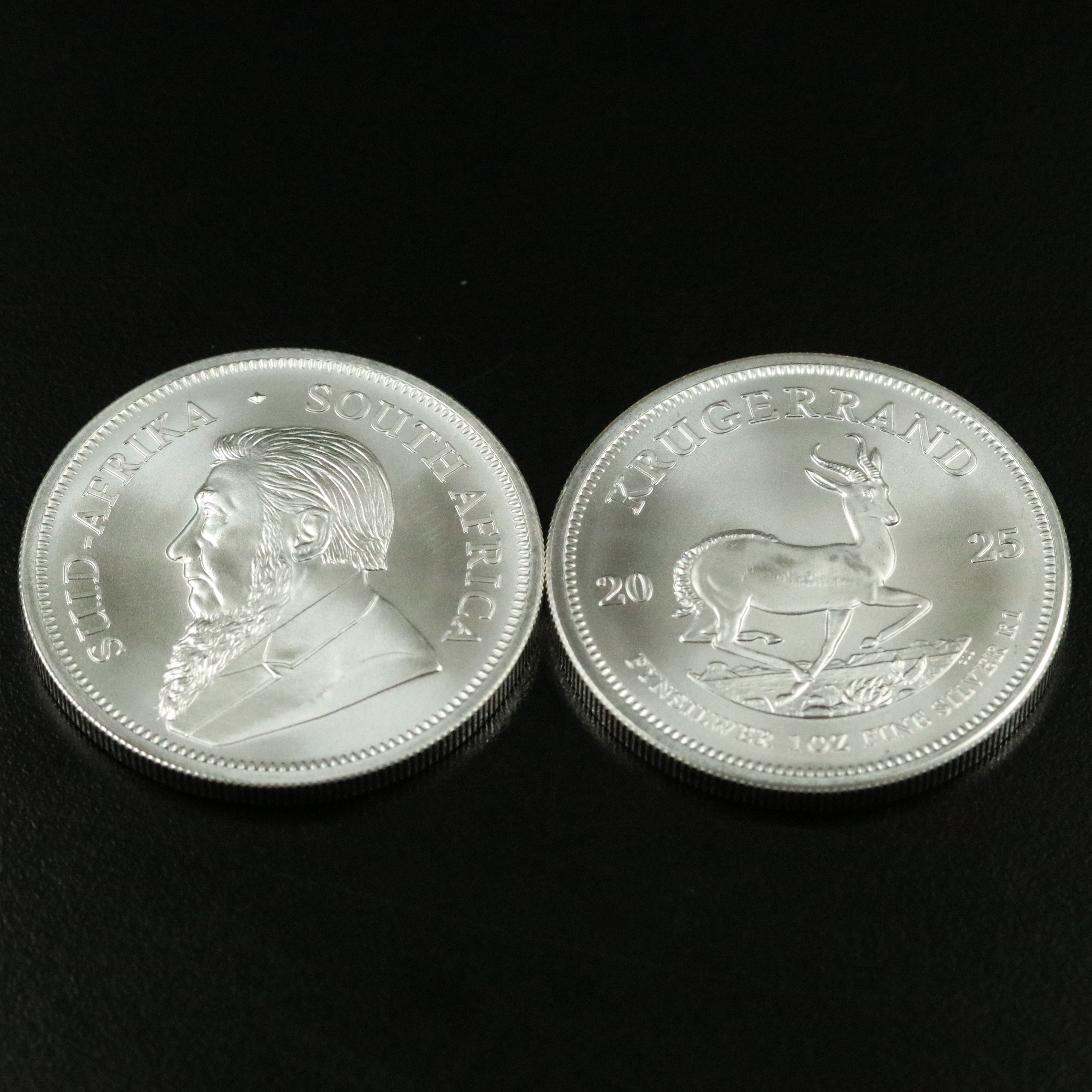 Two 2025 South Africa One Troy Ounce Silver Krugerrands