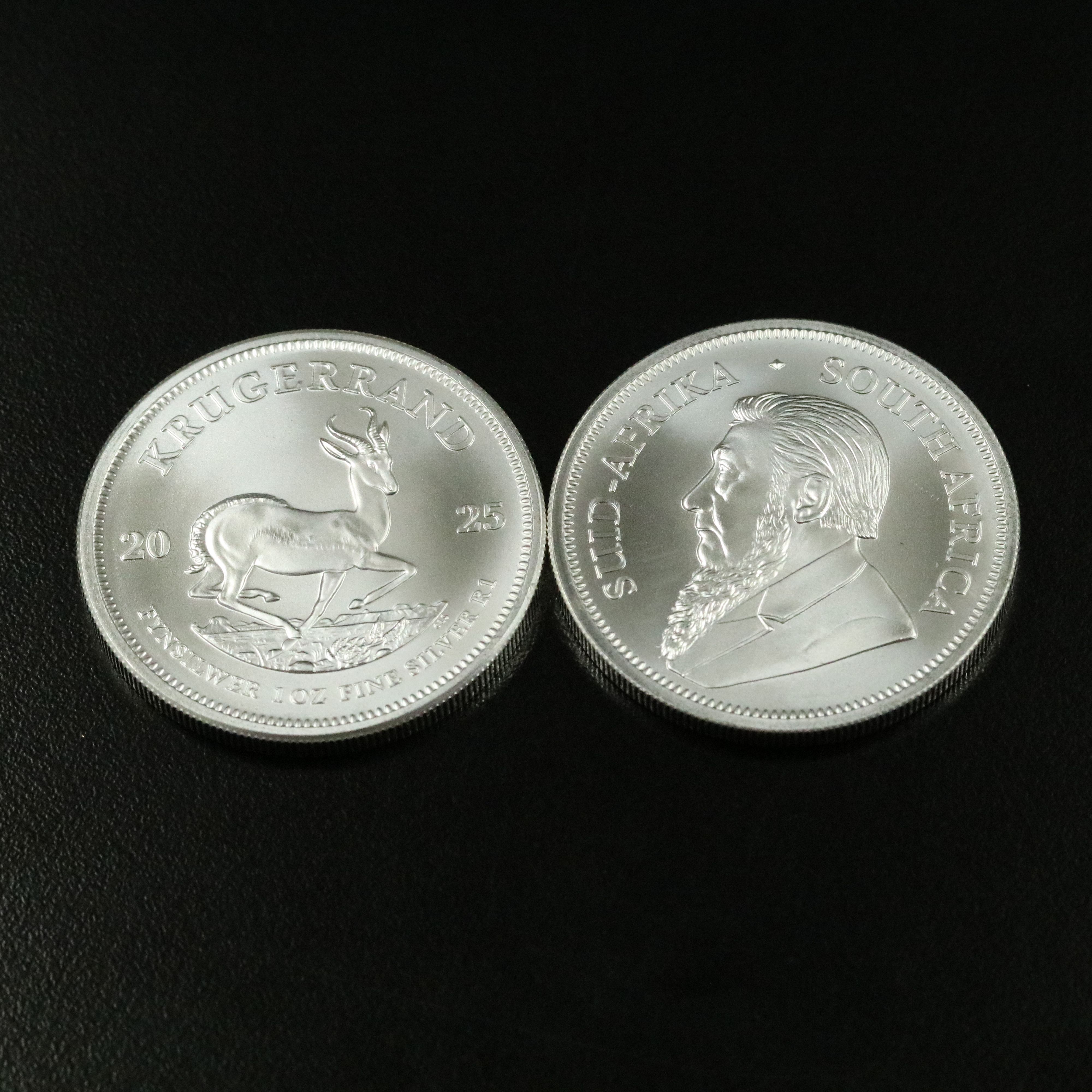 Two 2025 South Africa One Troy Ounce Silver Krugerrands