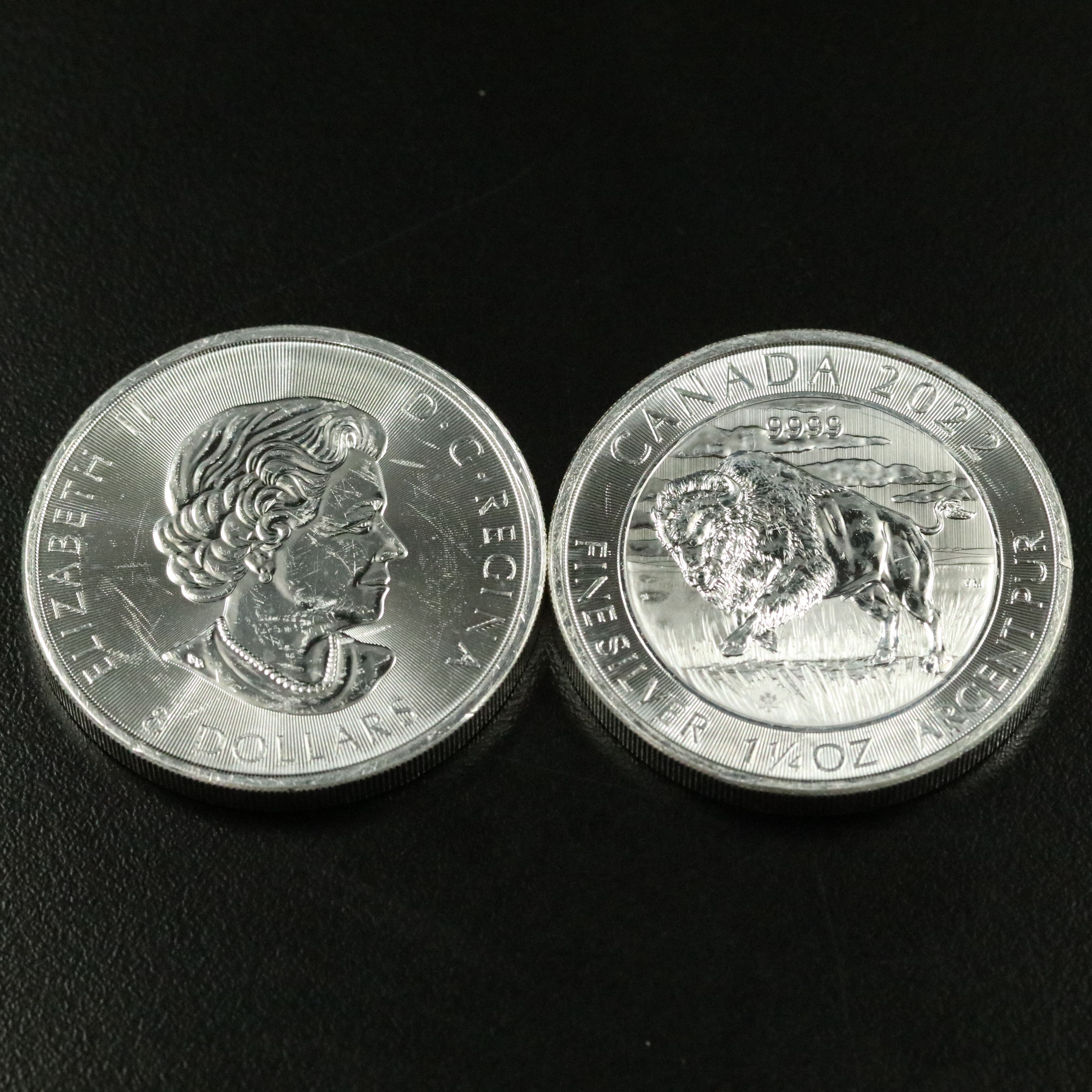 Two 2022 Canadian $8 Bison 1.25 Troy Ounce Silver Coins