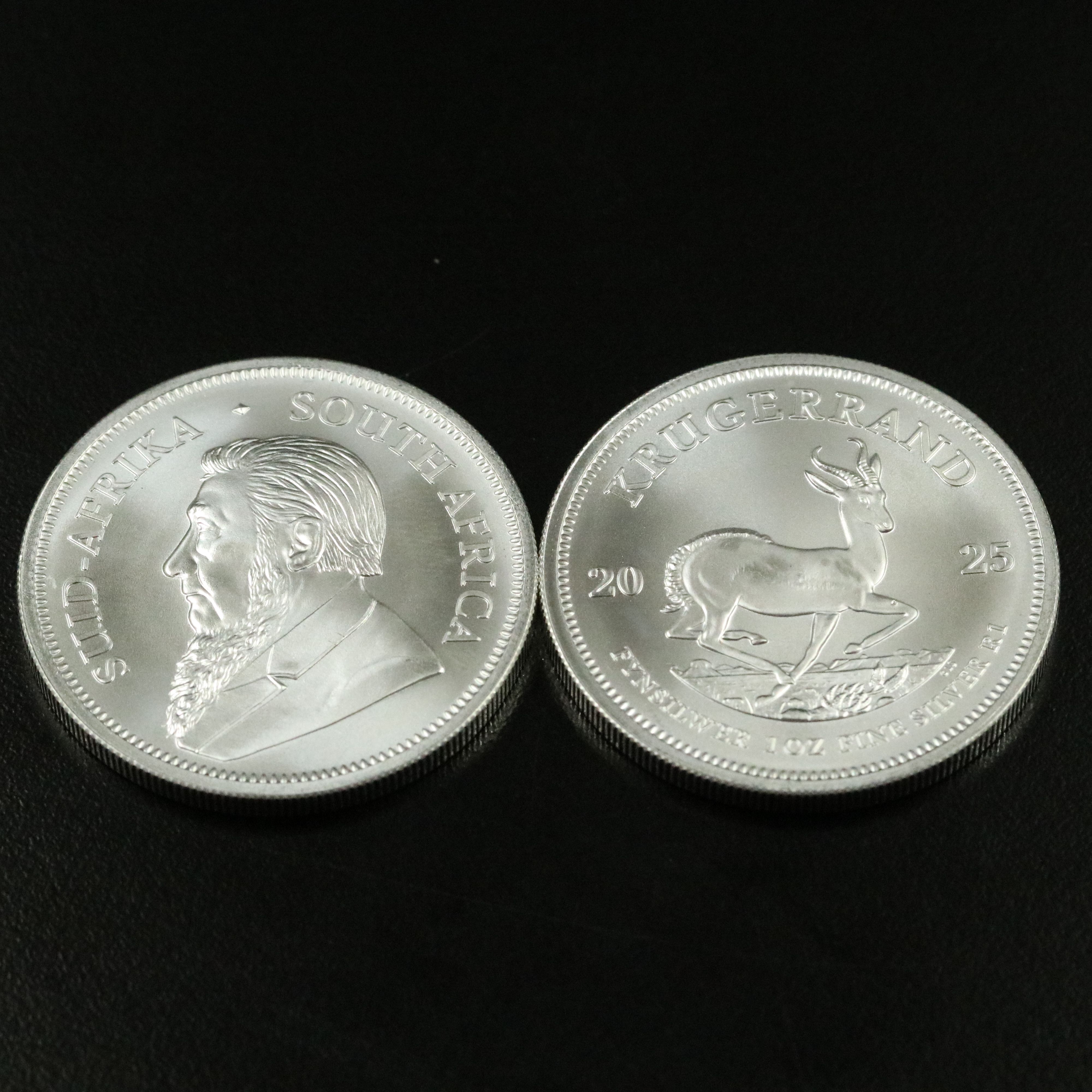 Two 2025 South Africa One Troy Ounce Silver Krugerrands