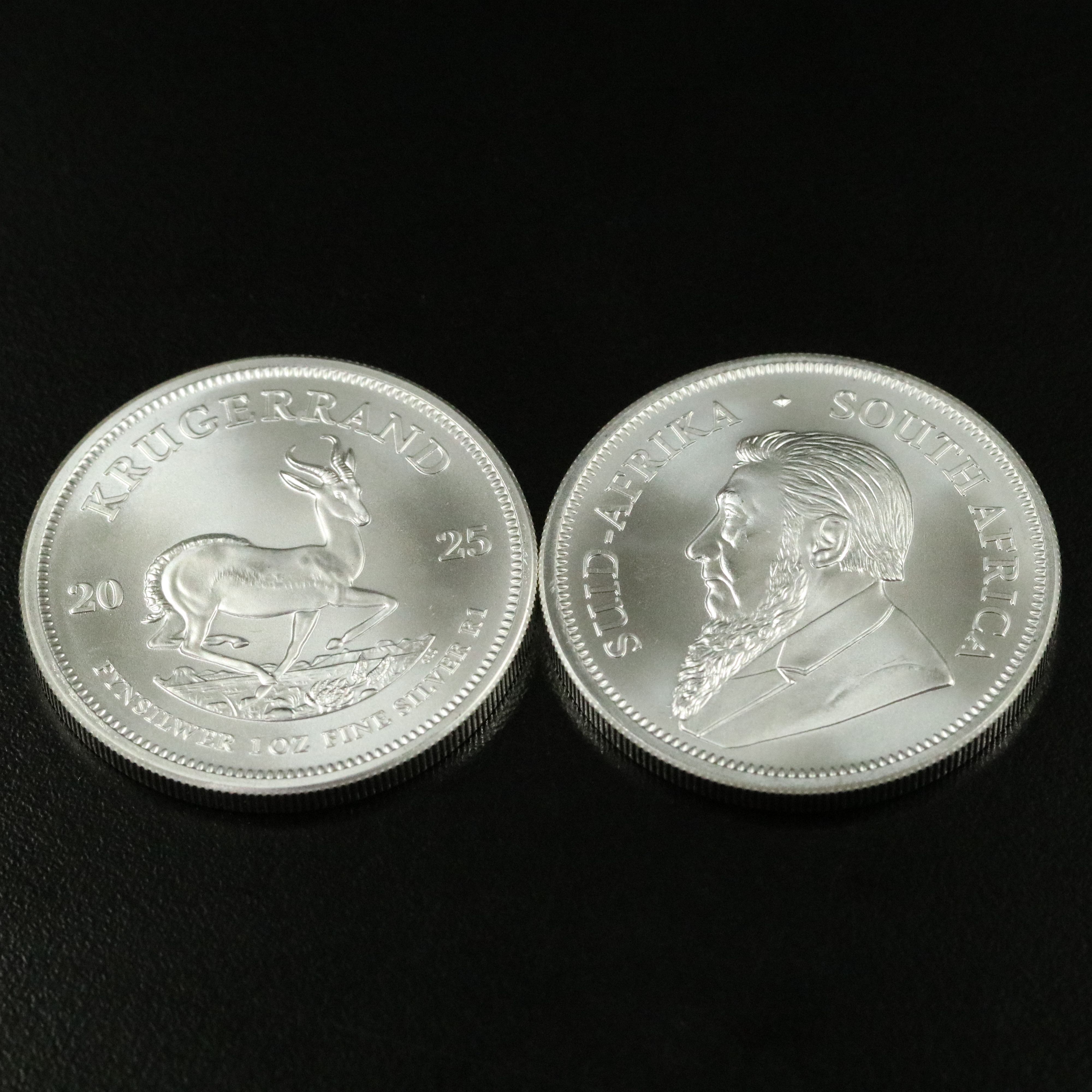 Two 2025 South Africa One Troy Ounce Silver Krugerrands