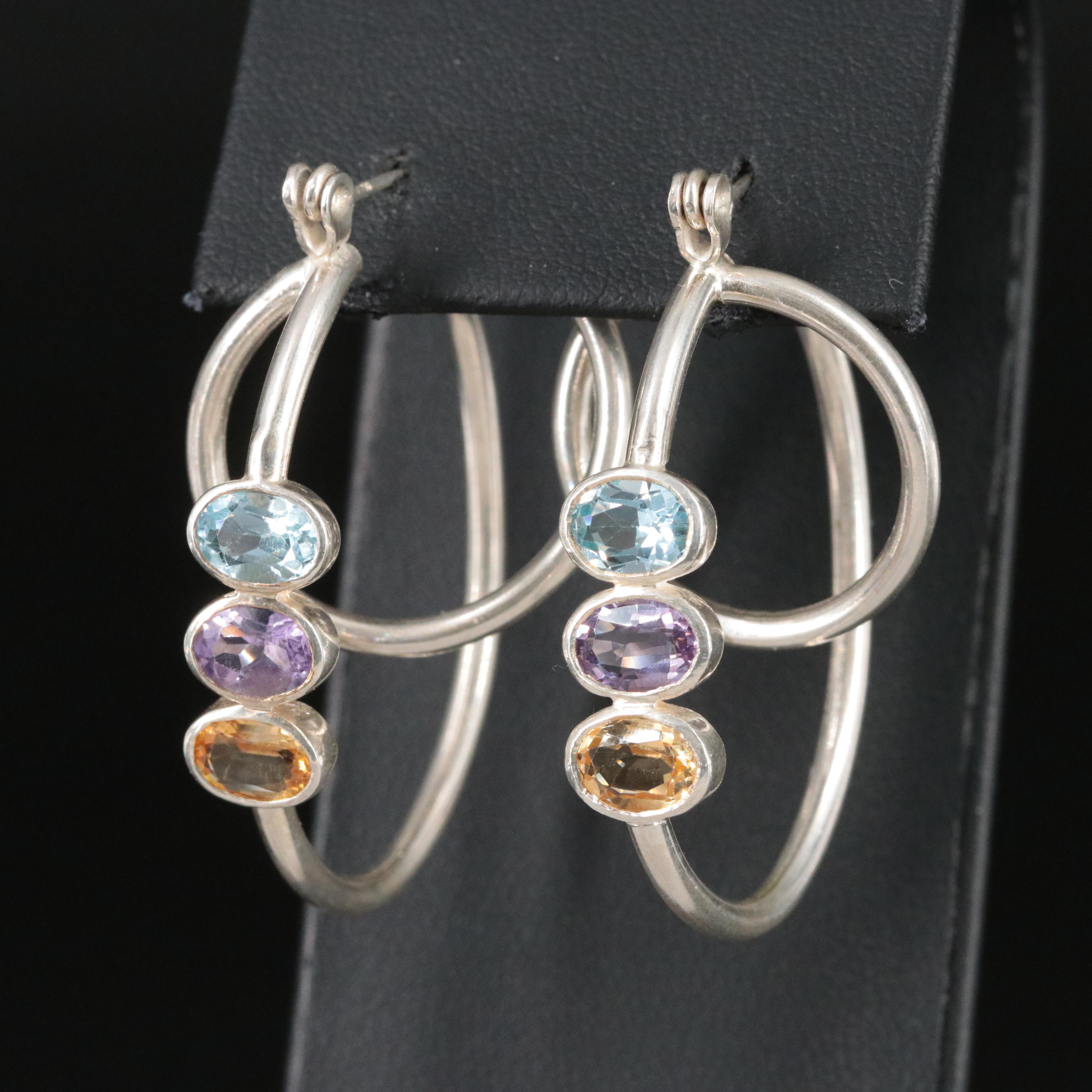 Sterling Gemstone Double Hoop Earrings