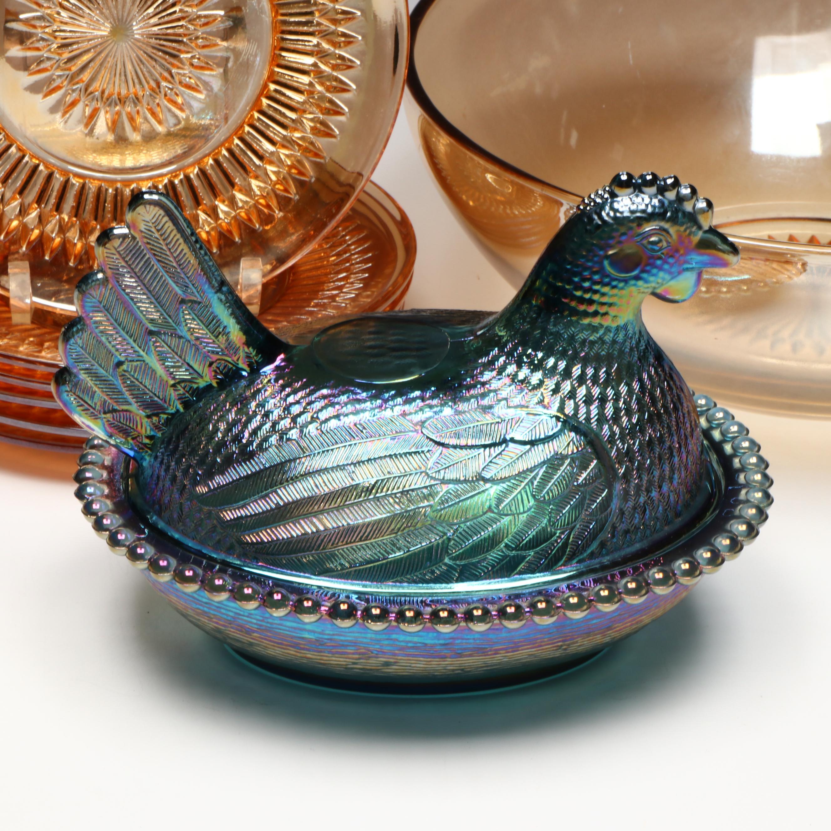 Indiana Glass Blue Carnival Glass Hen on Nest with Jeannette Tableware