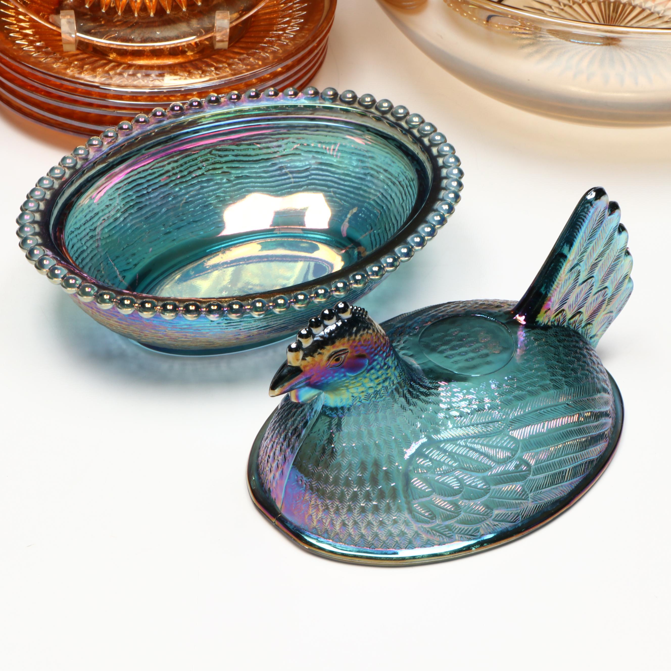 Indiana Glass Blue Carnival Glass Hen on Nest with Jeannette Tableware