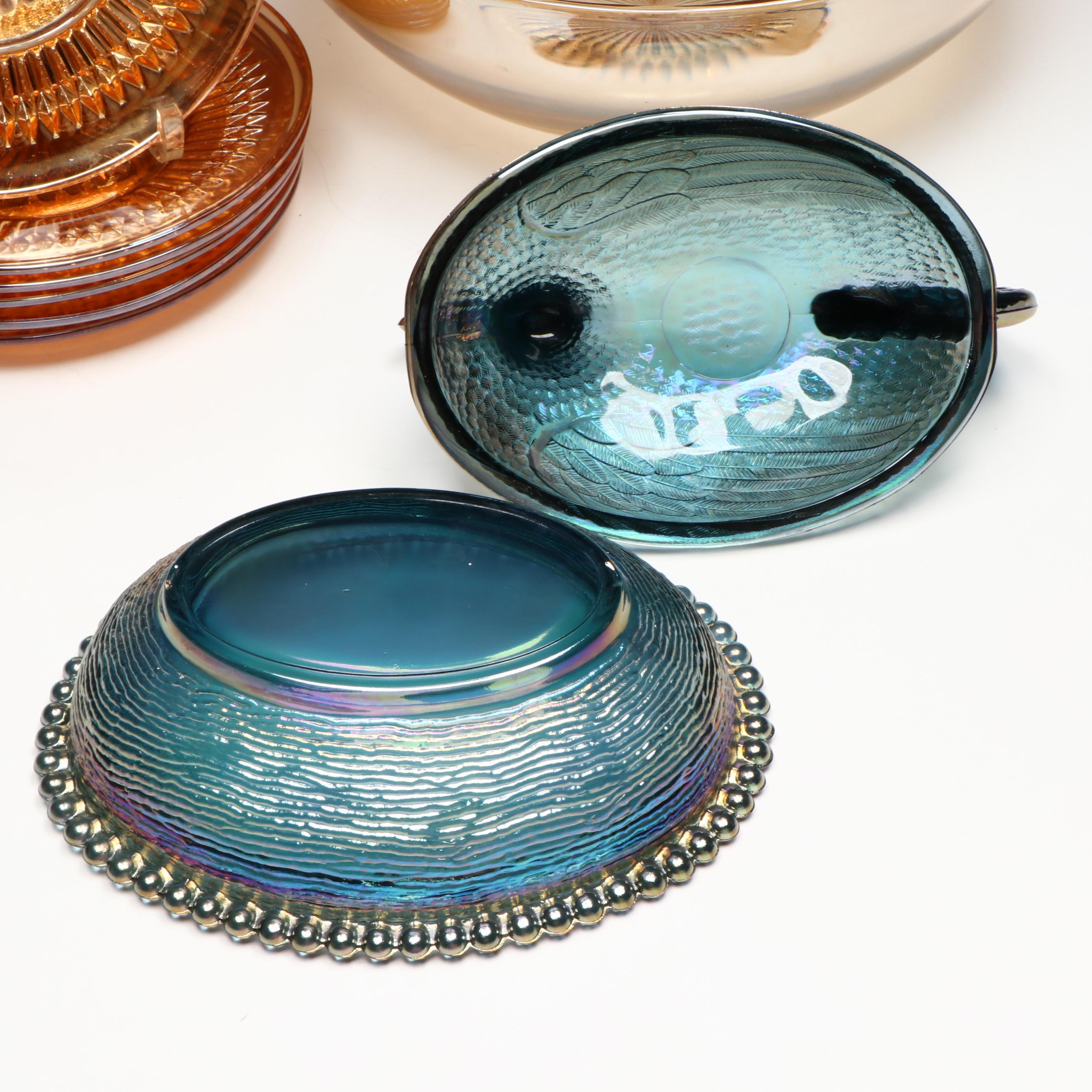 Indiana Glass Blue Carnival Glass Hen on Nest with Jeannette Tableware