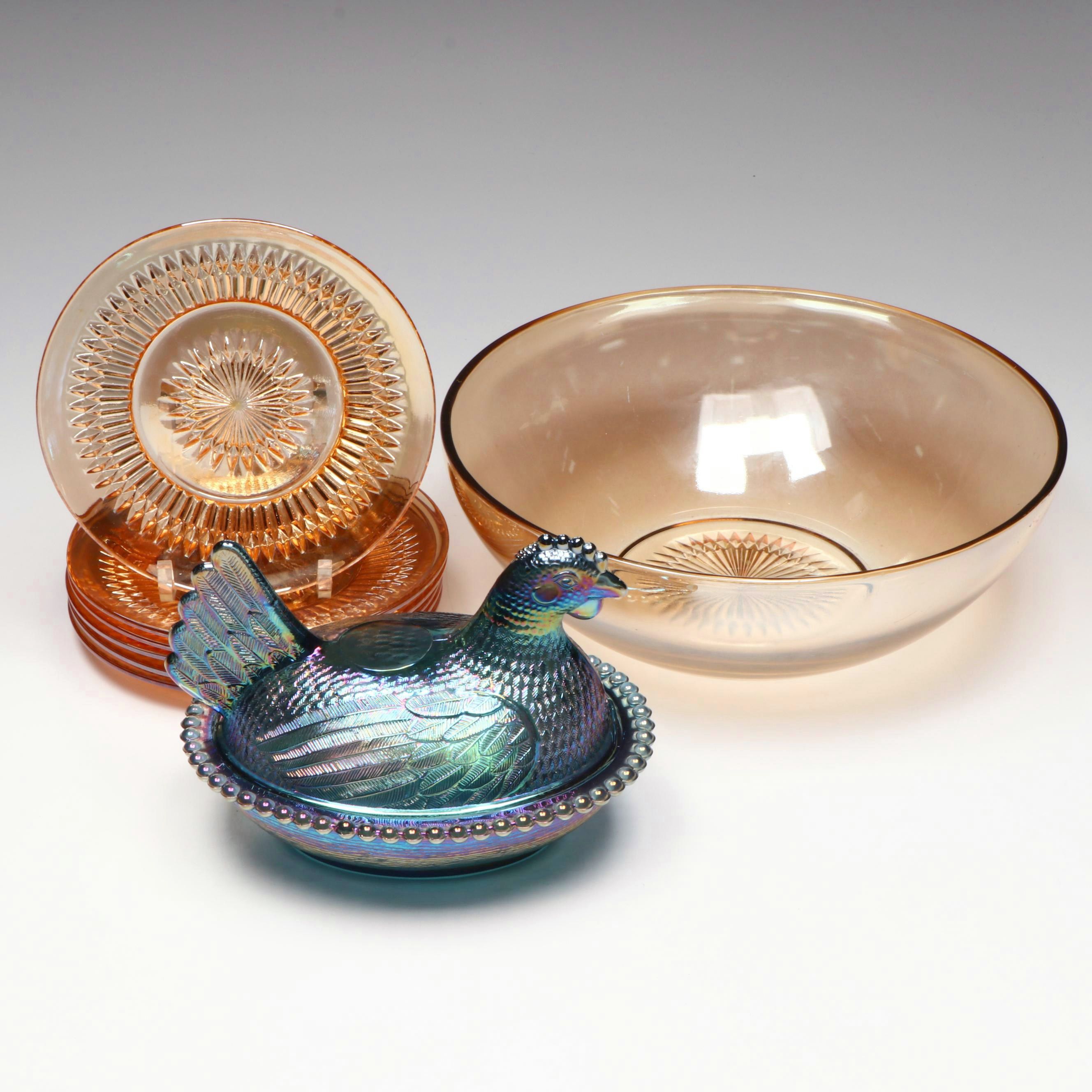 Indiana Glass Blue Carnival Glass Hen on Nest with Jeannette Tableware