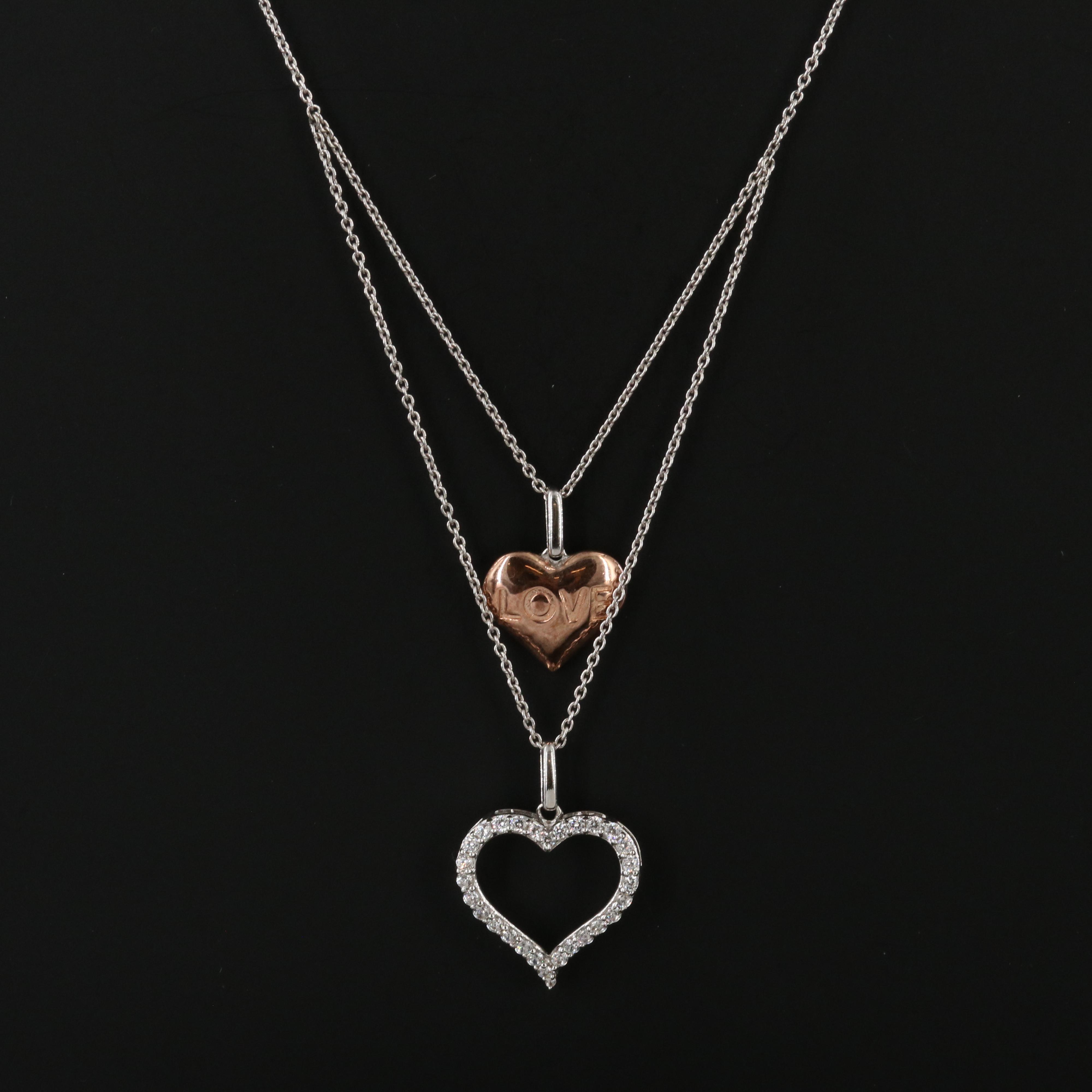 Sterling Cubic Zirconia and Rose Tone Heart Pendant Necklace