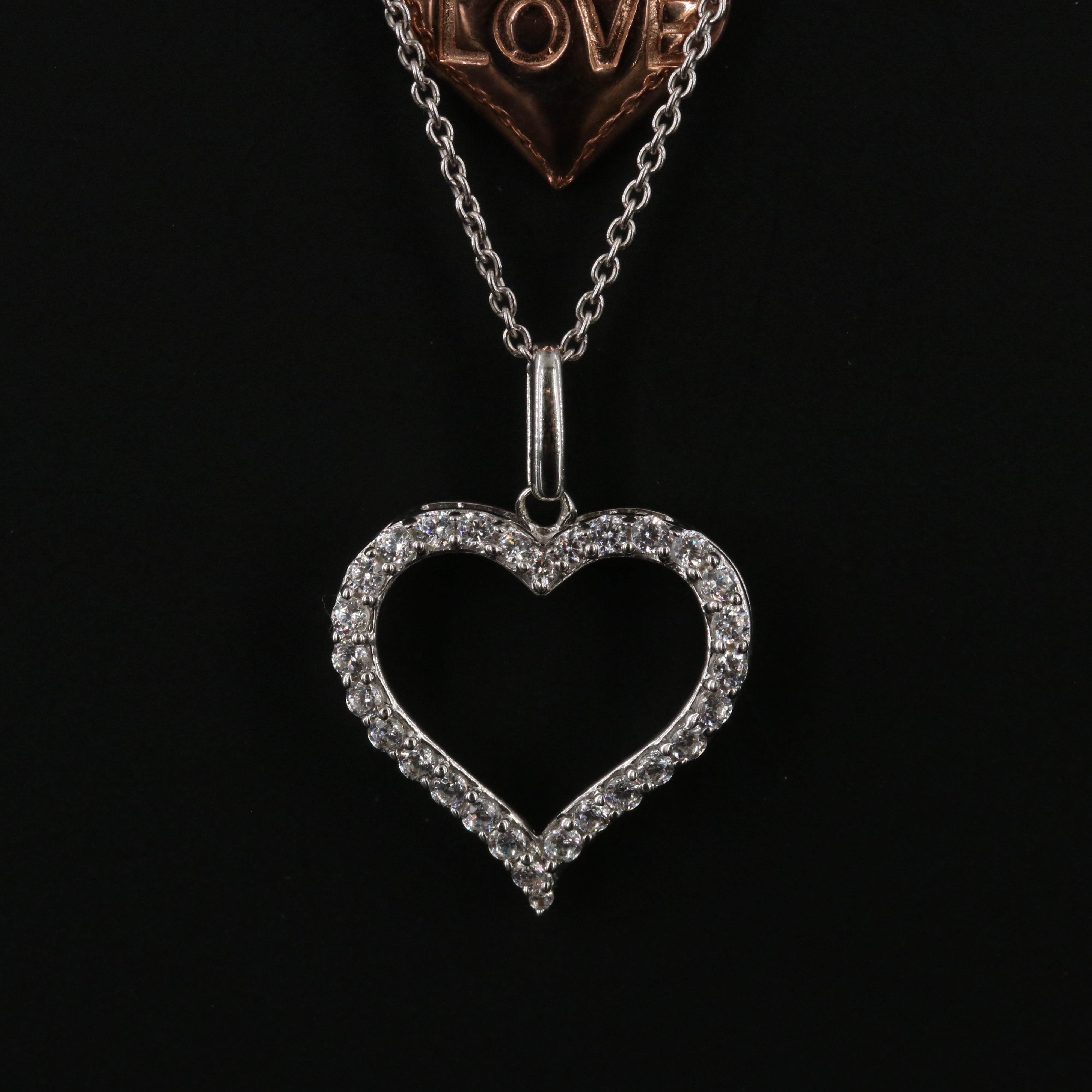 Sterling Cubic Zirconia and Rose Tone Heart Pendant Necklace