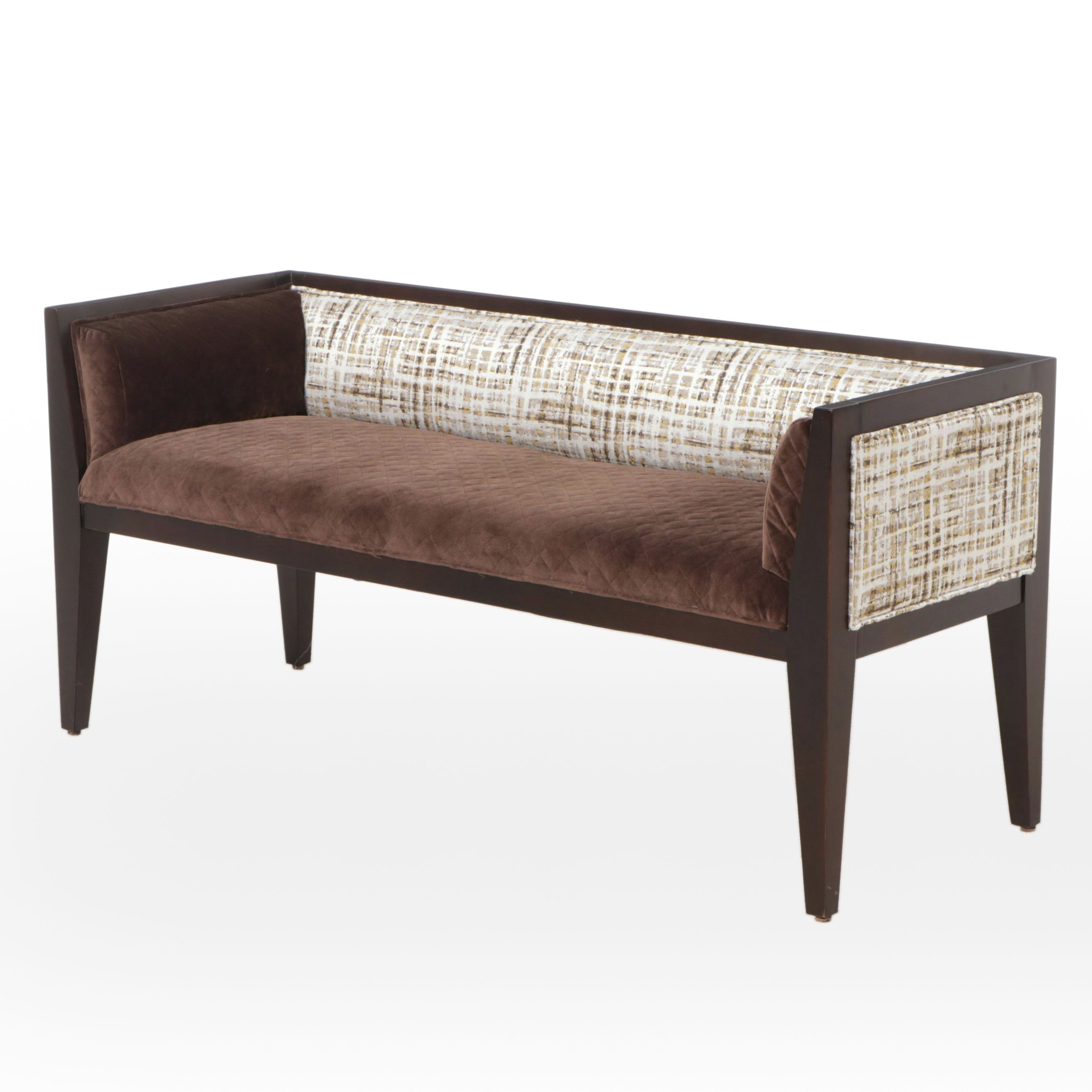 Contemporary Mixed Fabric Upholstered Espresso Finished Wood Bed Bench