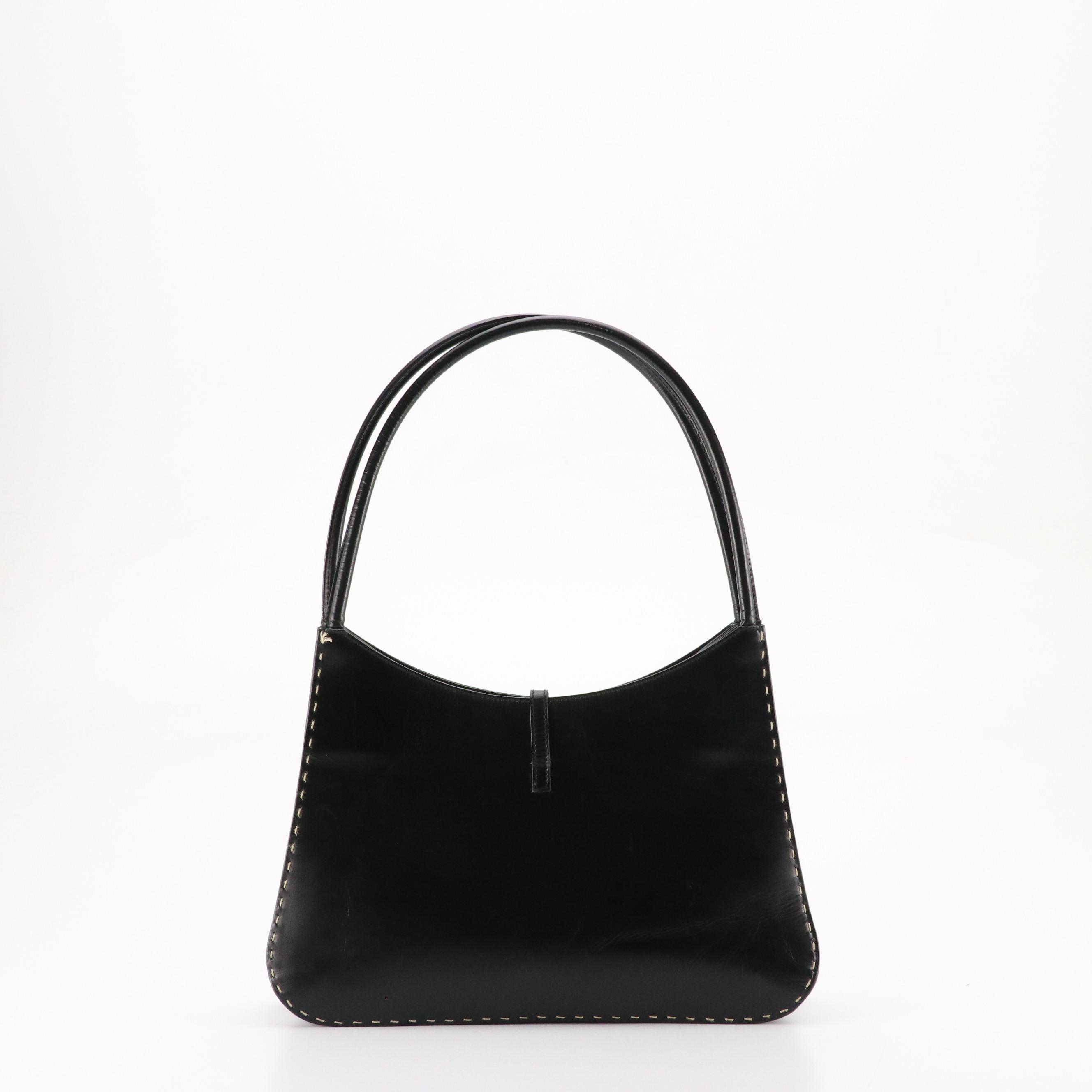 Gucci Black Leather Top Handle Shoulder Bag with Contrast Running Stitch