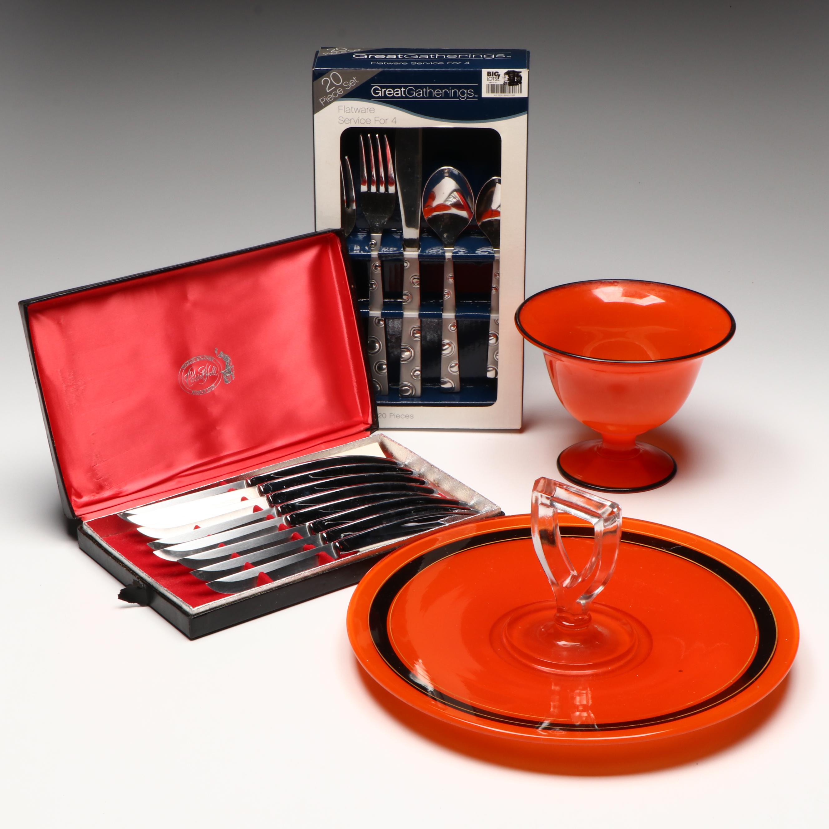 Art Deco Style Glass Bowl and Tidbit Tray with Other Steak Knives and Flatware