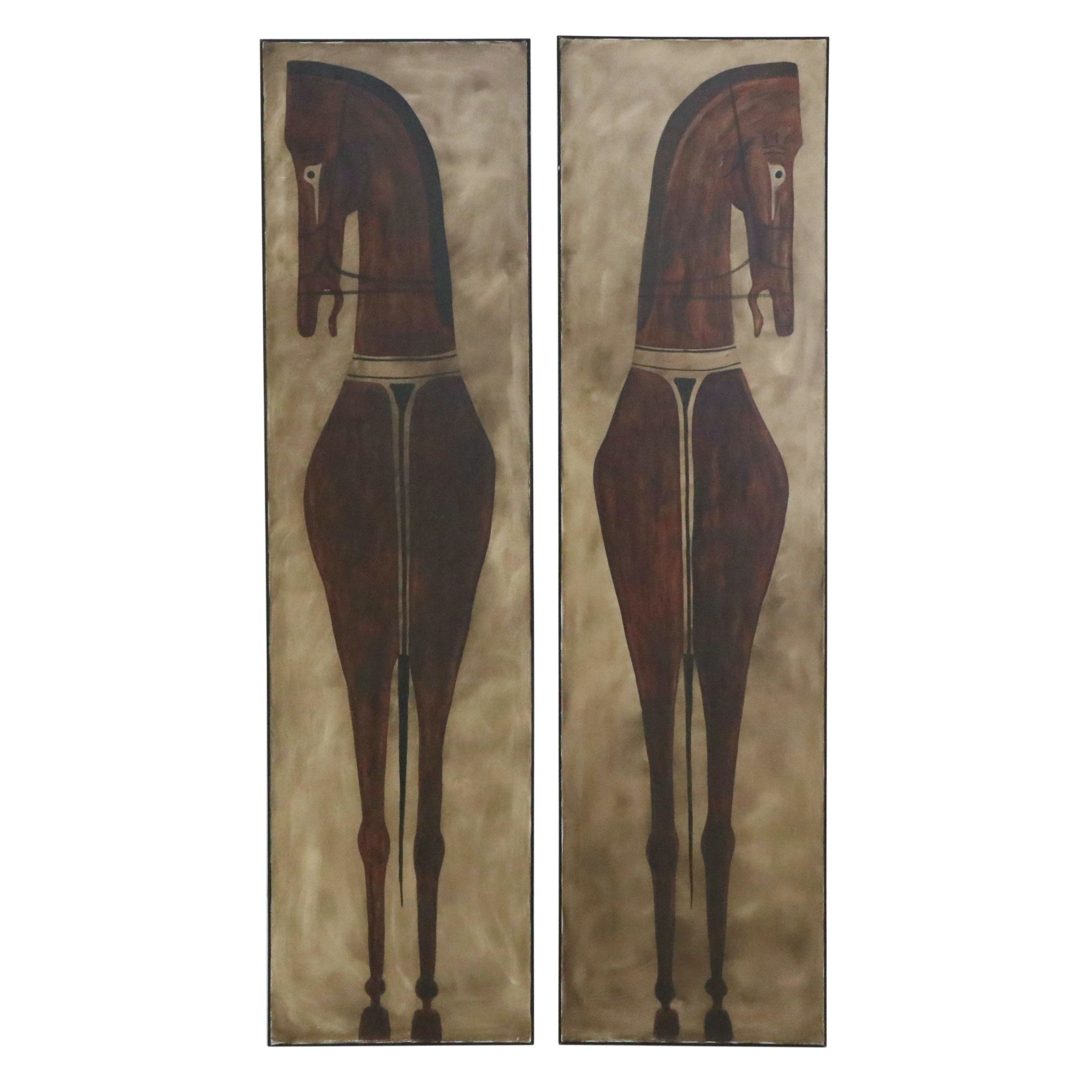 Acrylic Diptych of Stylized Horses, 21st Century