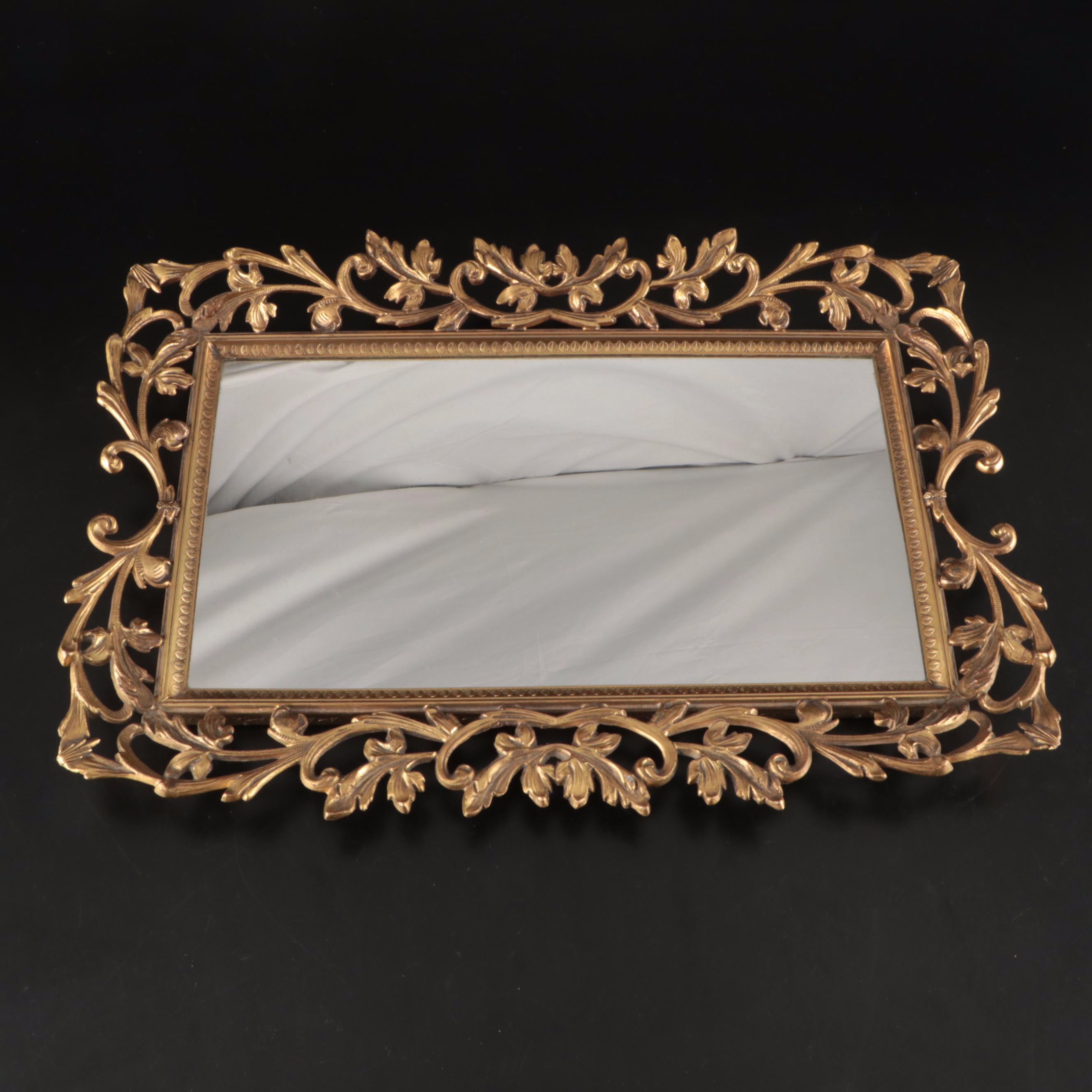 Gilt Brush, Hand Mirror, and Mirrored Tray with Shoe-Shaped Pin Cushion
