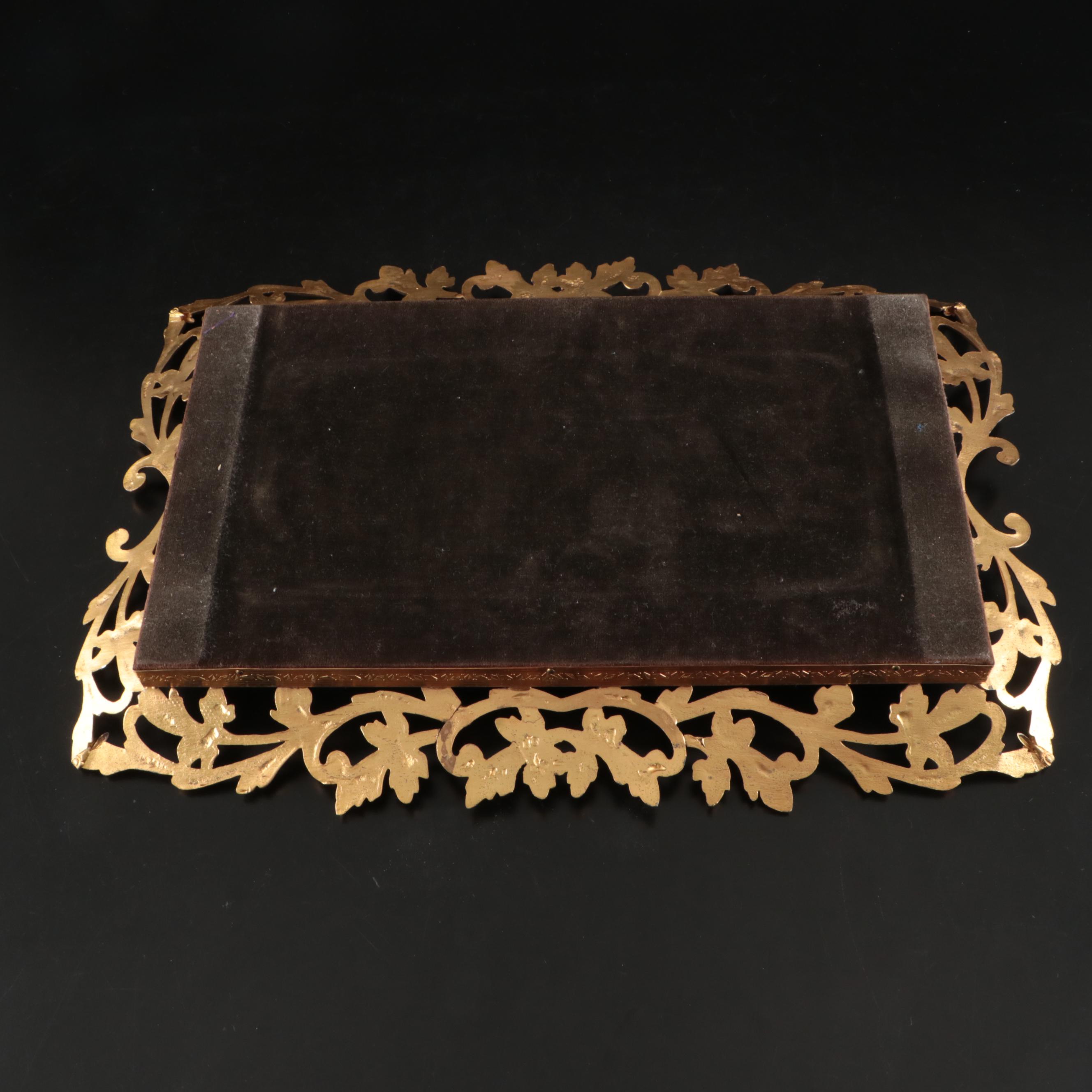 Gilt Brush, Hand Mirror, and Mirrored Tray with Shoe-Shaped Pin Cushion