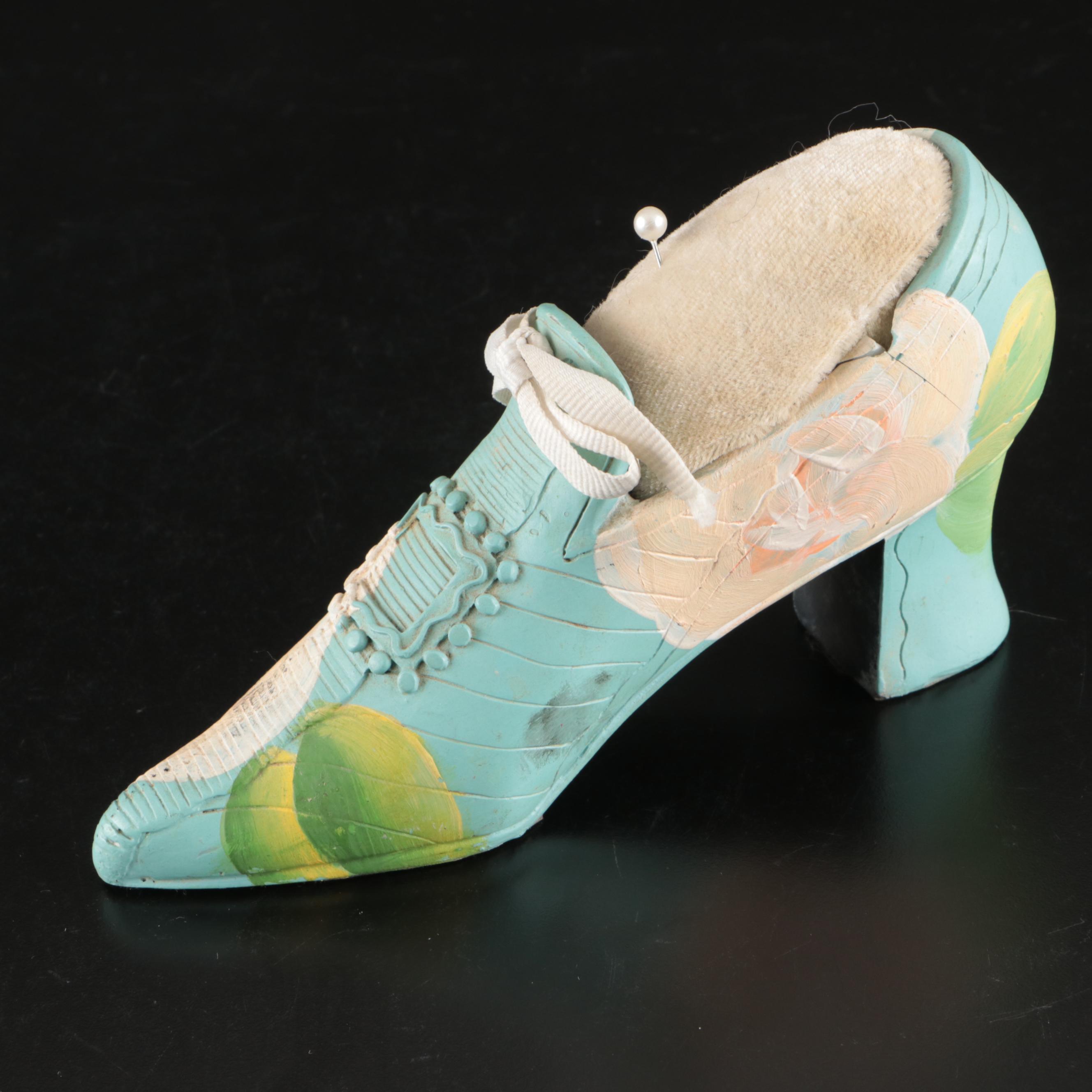 Gilt Brush, Hand Mirror, and Mirrored Tray with Shoe-Shaped Pin Cushion