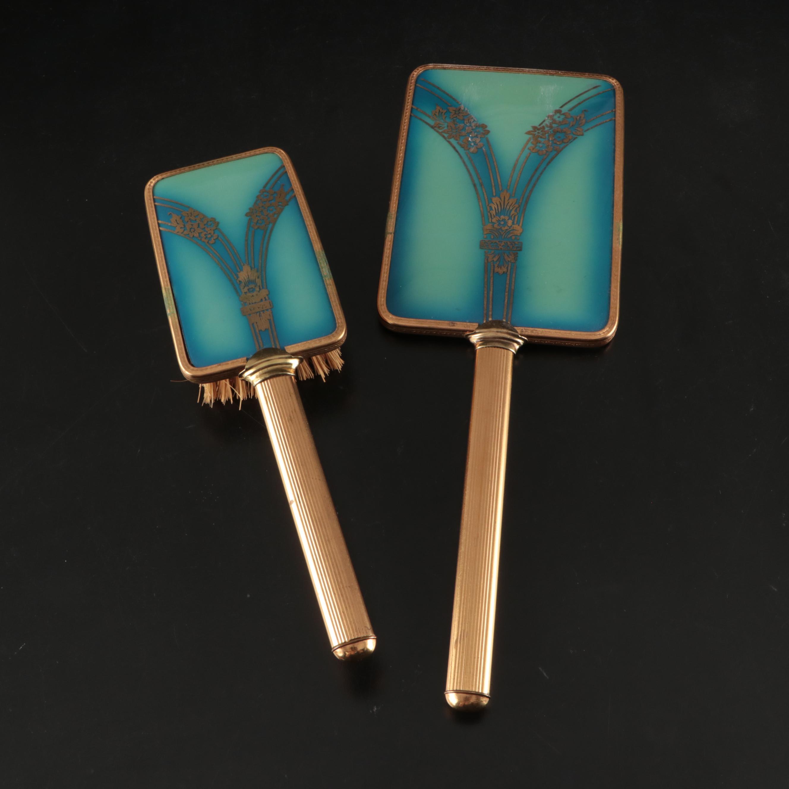 Gilt Brush, Hand Mirror, and Mirrored Tray with Shoe-Shaped Pin Cushion