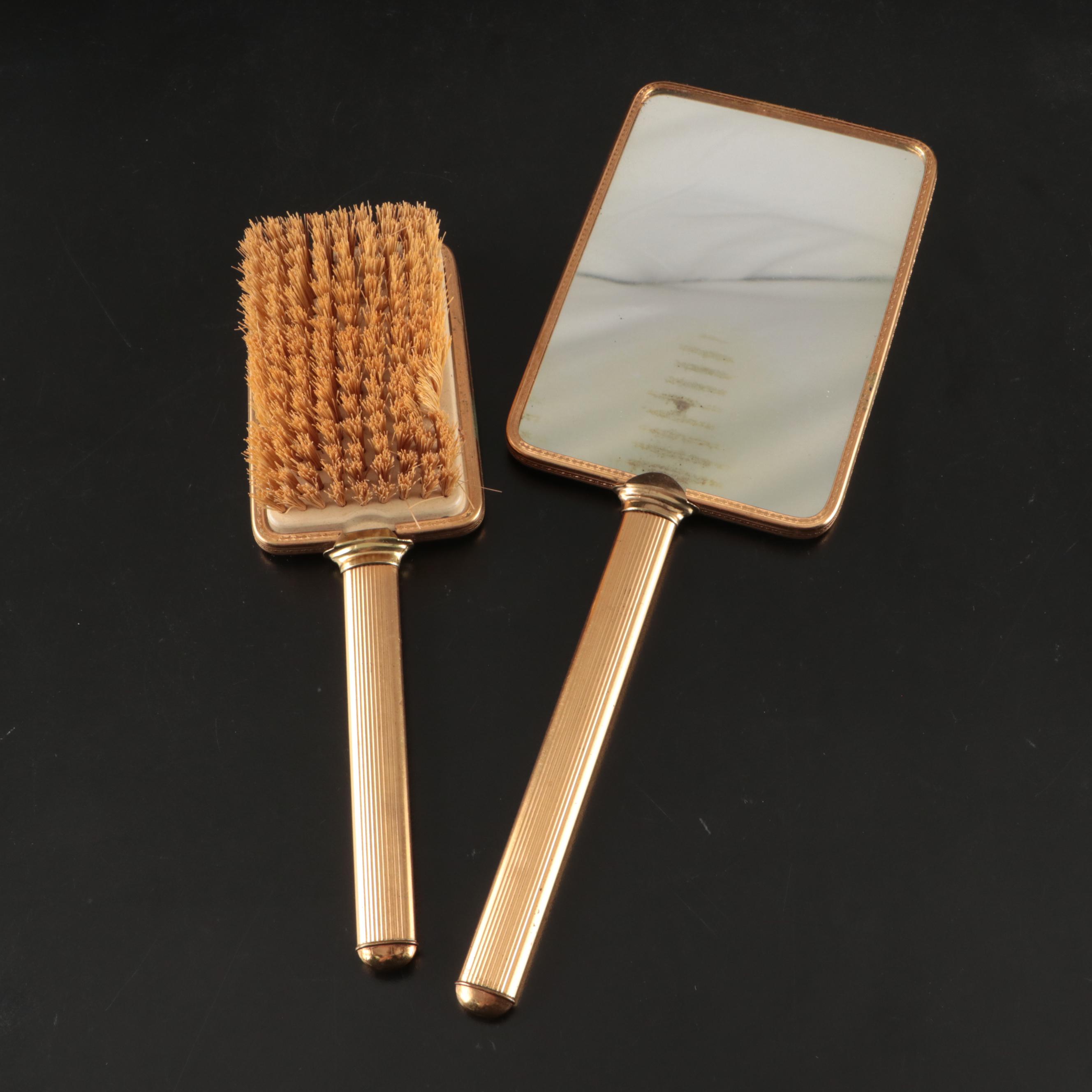 Gilt Brush, Hand Mirror, and Mirrored Tray with Shoe-Shaped Pin Cushion