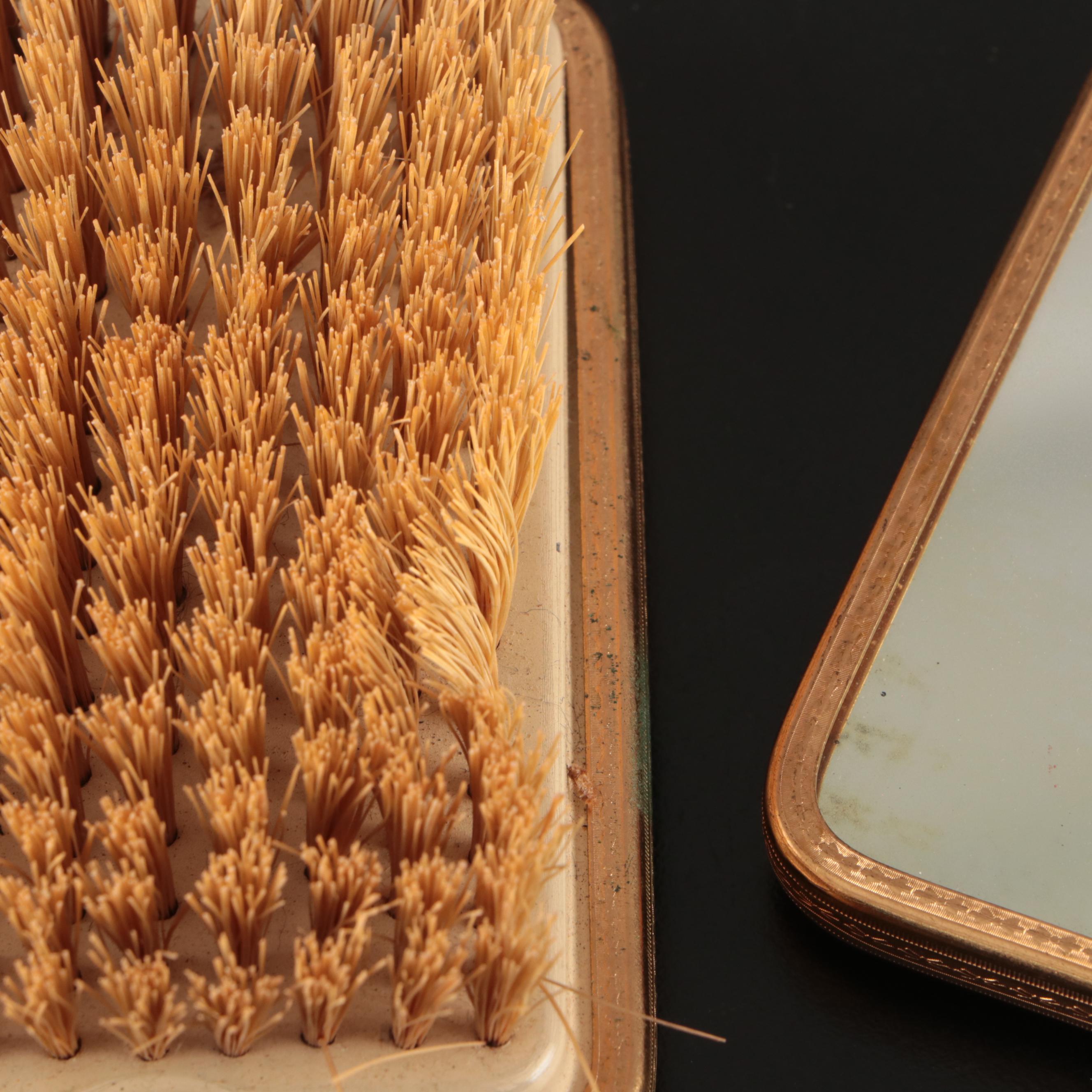 Gilt Brush, Hand Mirror, and Mirrored Tray with Shoe-Shaped Pin Cushion