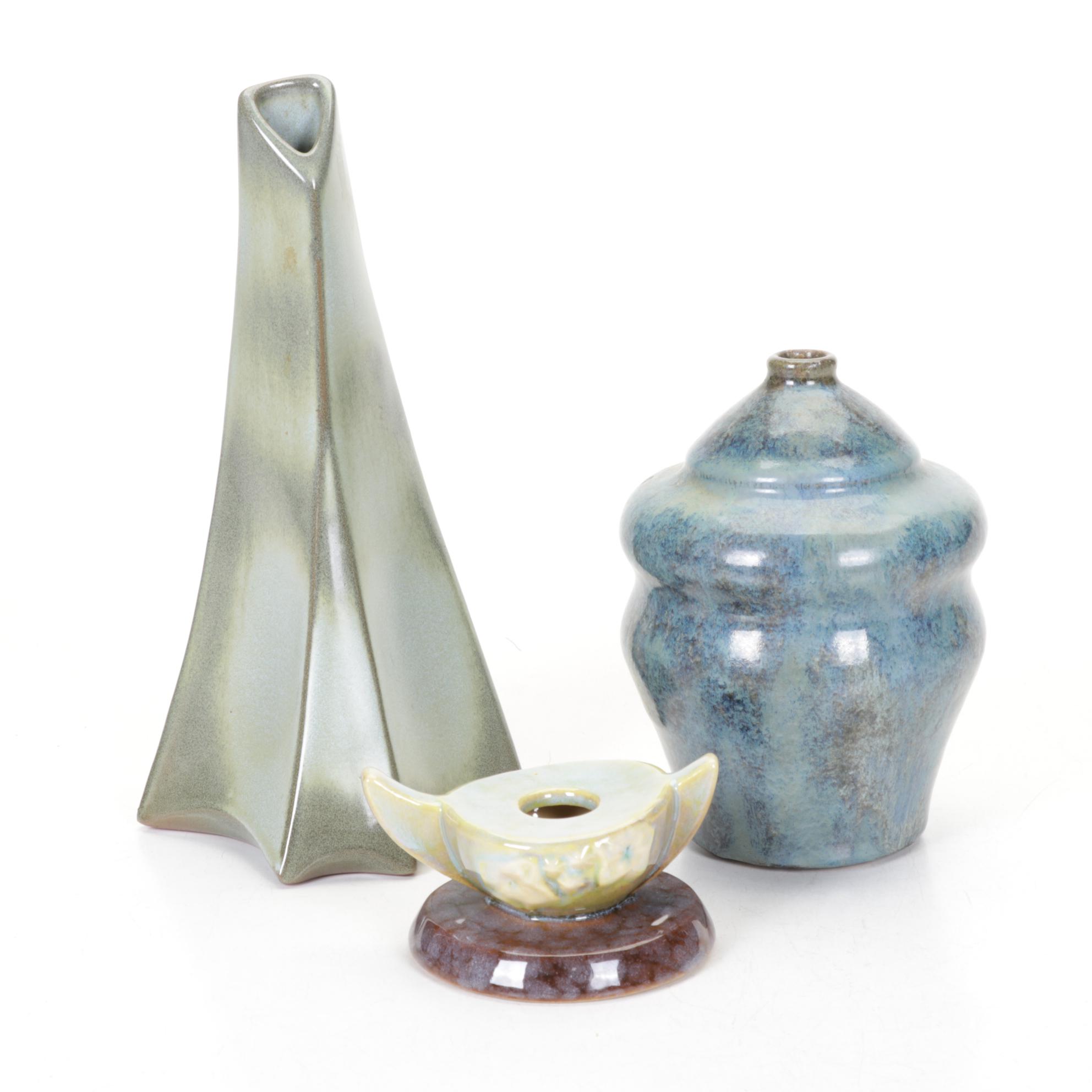 Roseville Pottery Wincraft Candlestick with Frankoma Prairie Green Vase and More