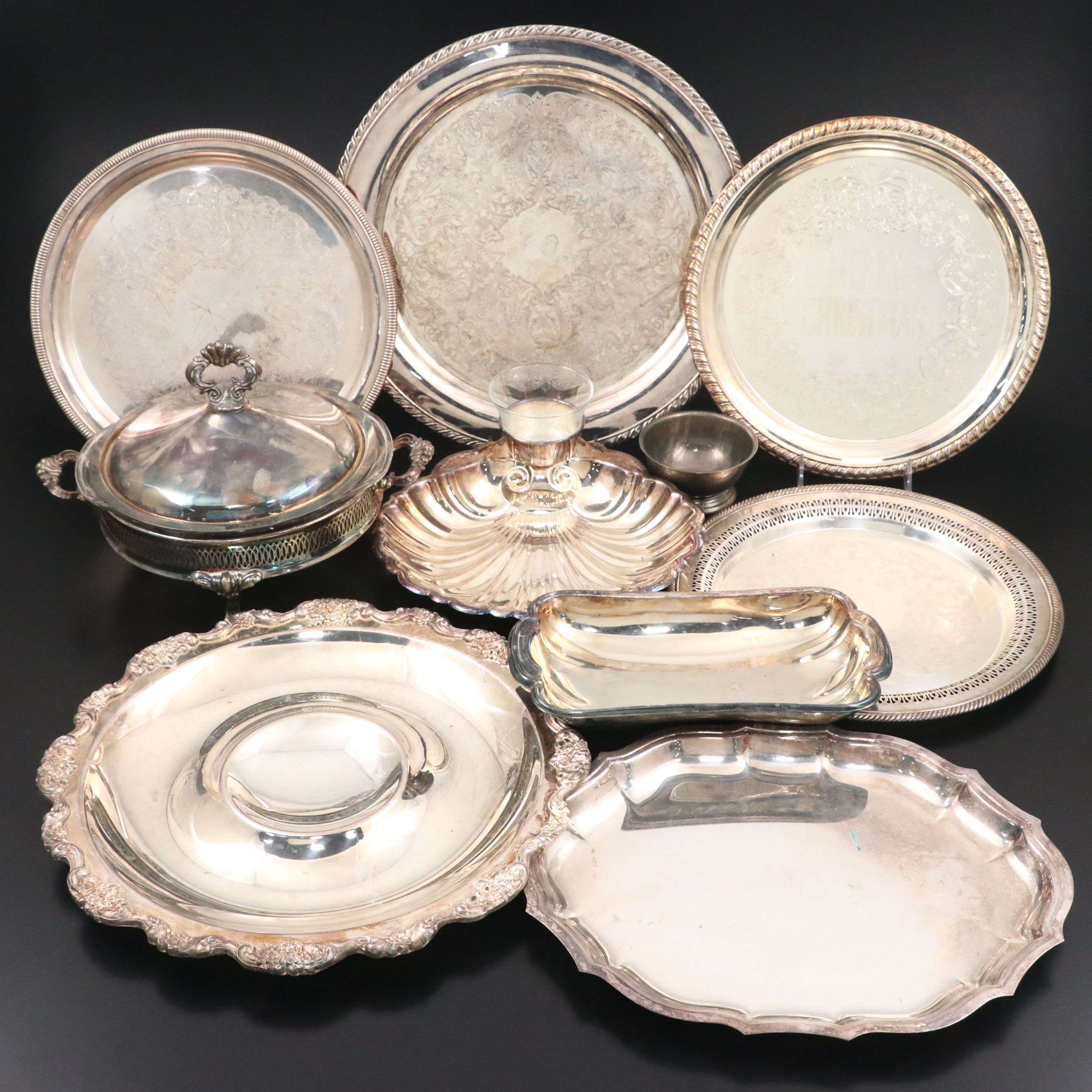 Pierced Casserole Dish with Silver Plate Chip and Dips, Trays and Nut Bowl