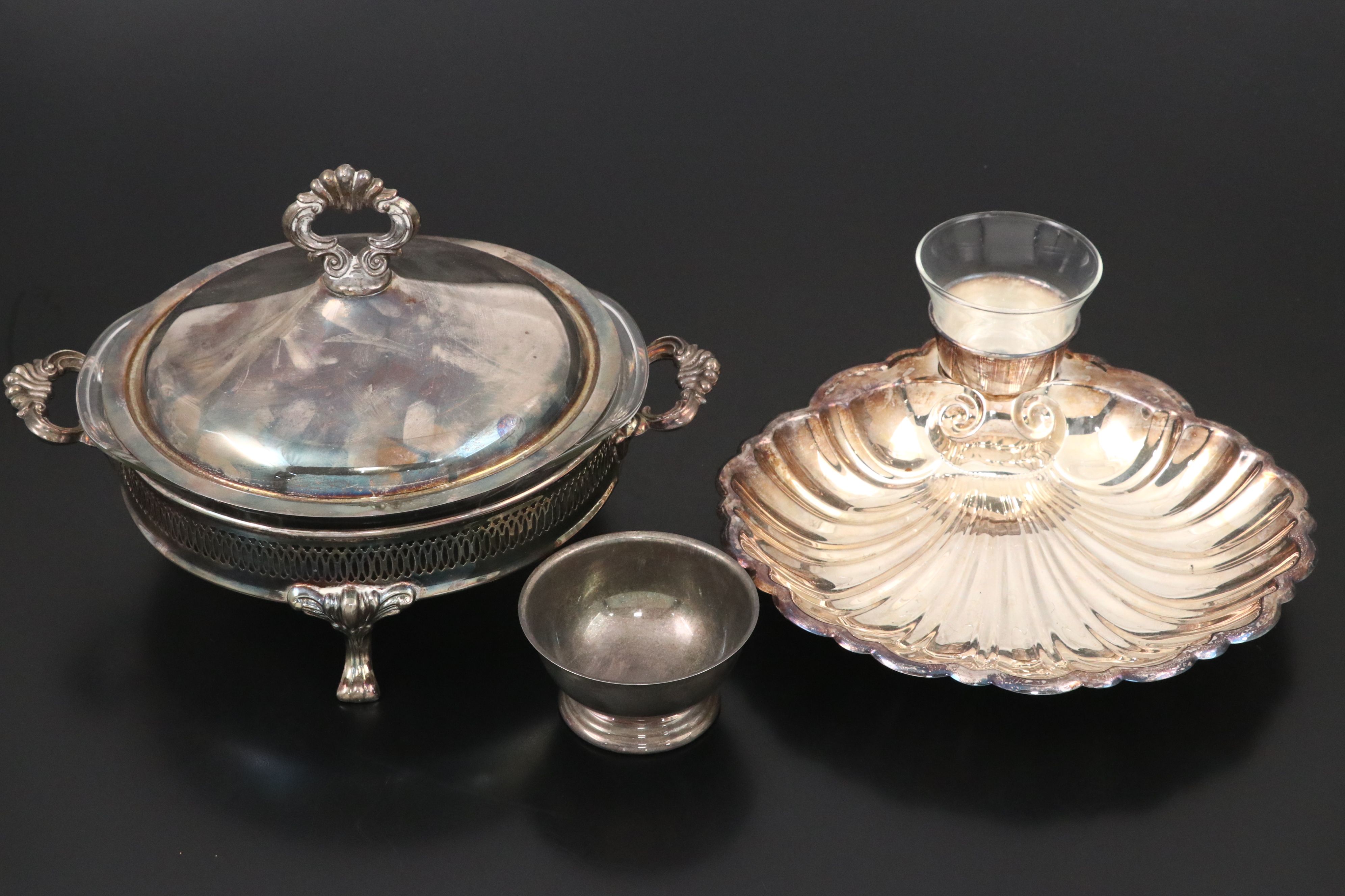 Pierced Casserole Dish with Silver Plate Chip and Dips, Trays and Nut Bowl