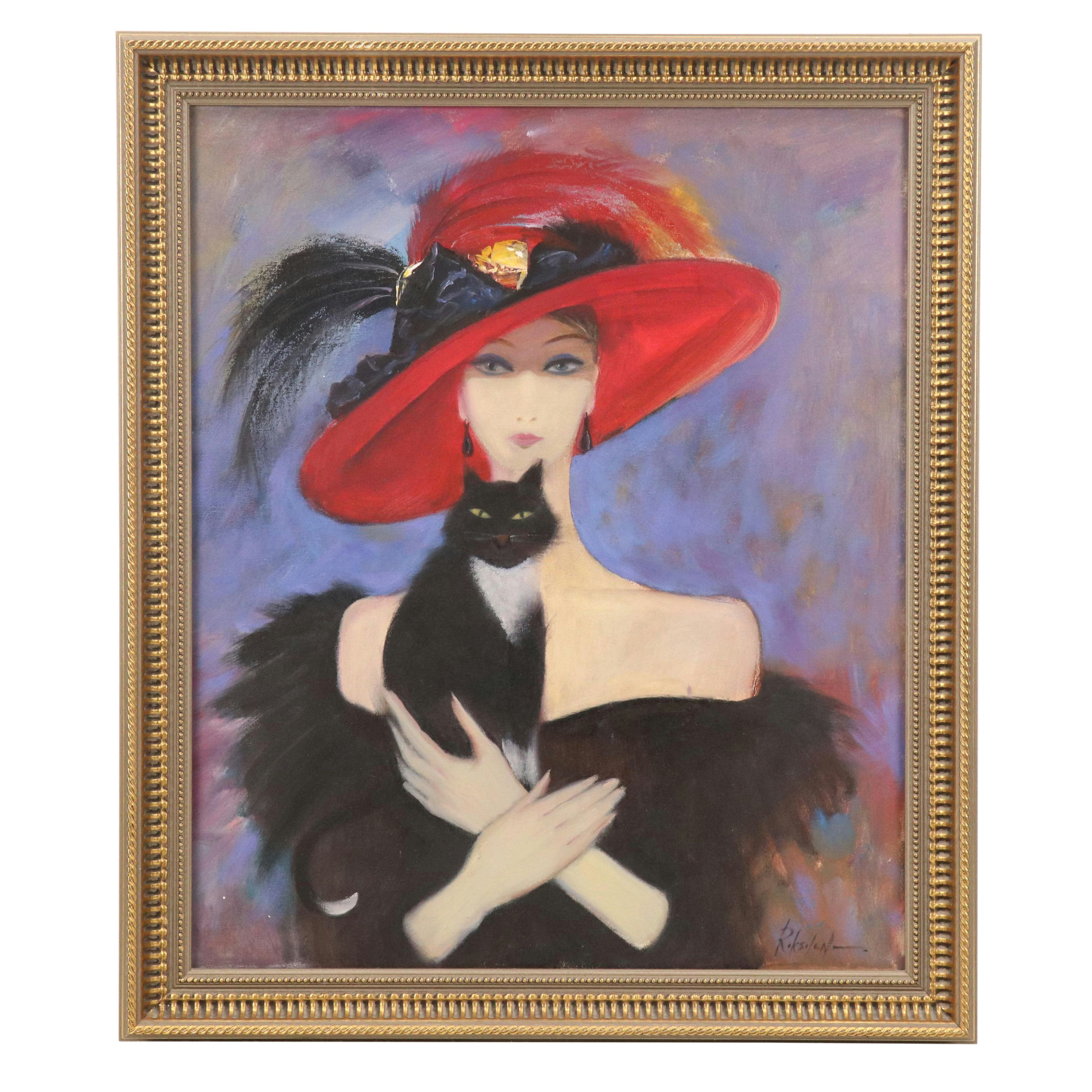 Acrylic Portrait Painting of Woman with Cat