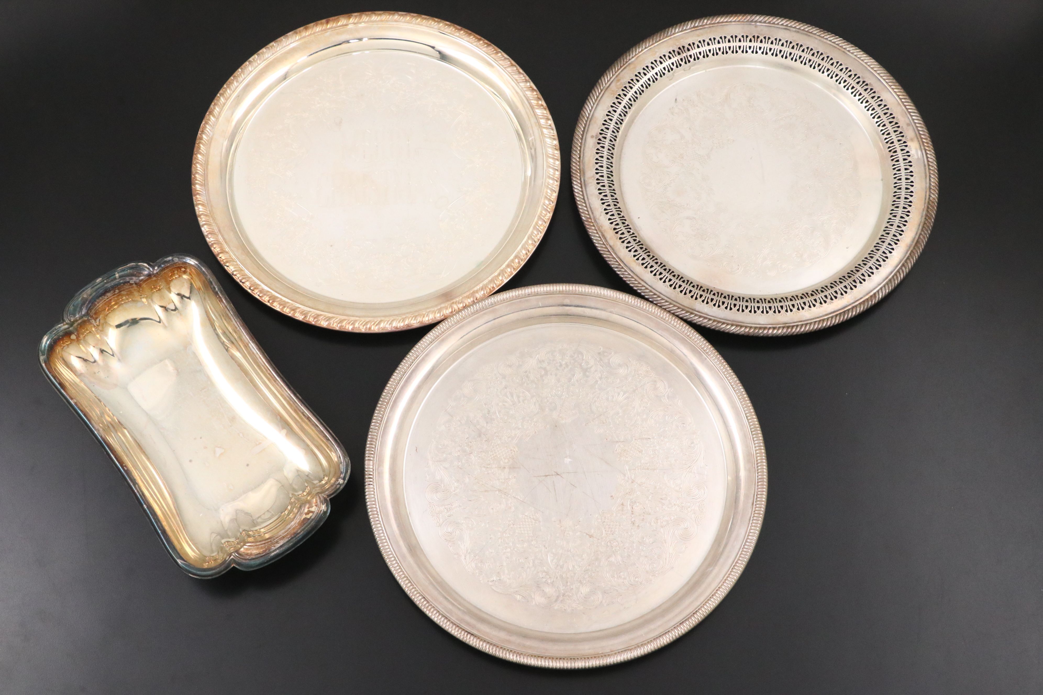 Pierced Casserole Dish with Silver Plate Chip and Dips, Trays and Nut Bowl