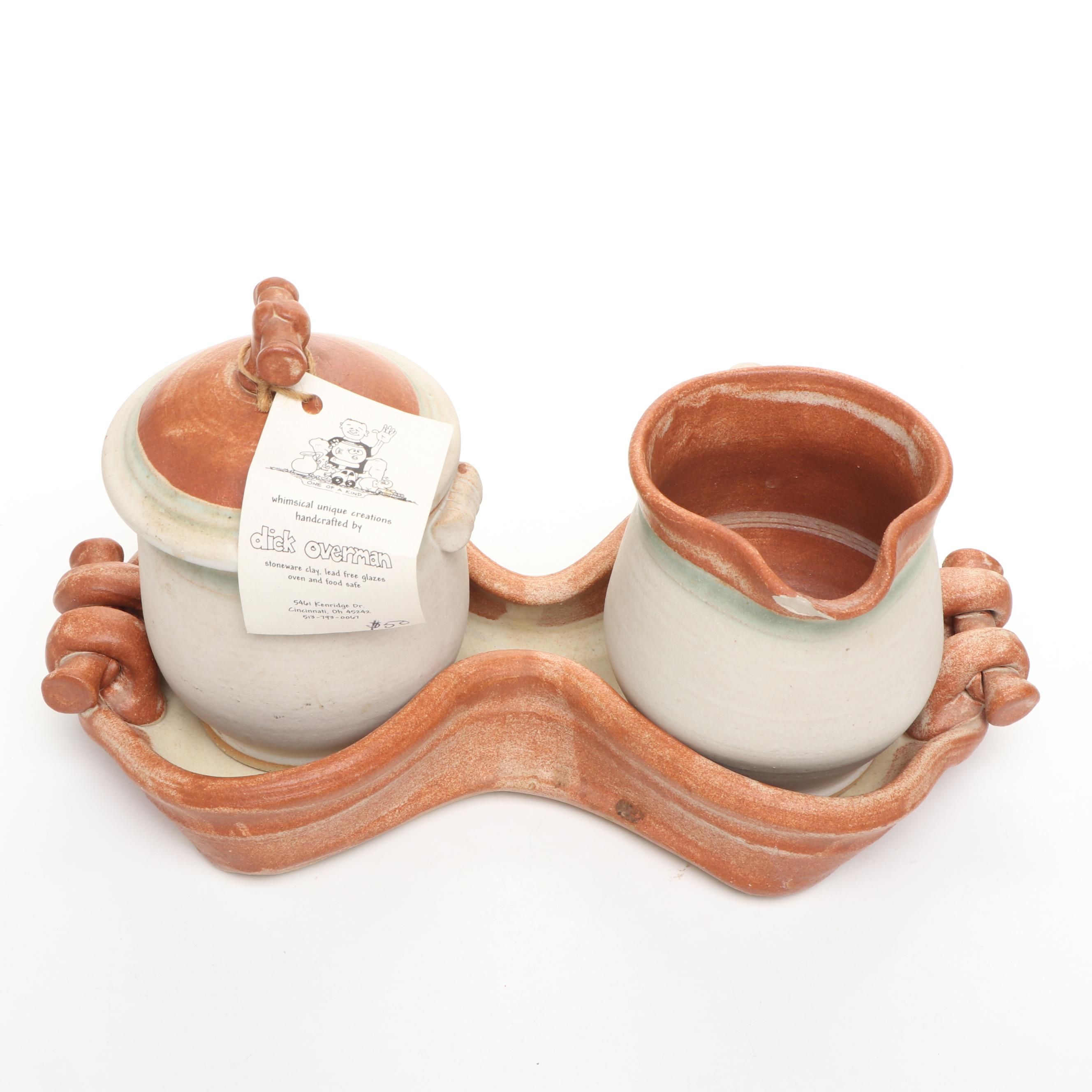 Dick Overman Stoneware Creamer, Sugar Bowl, and Tray, 2001