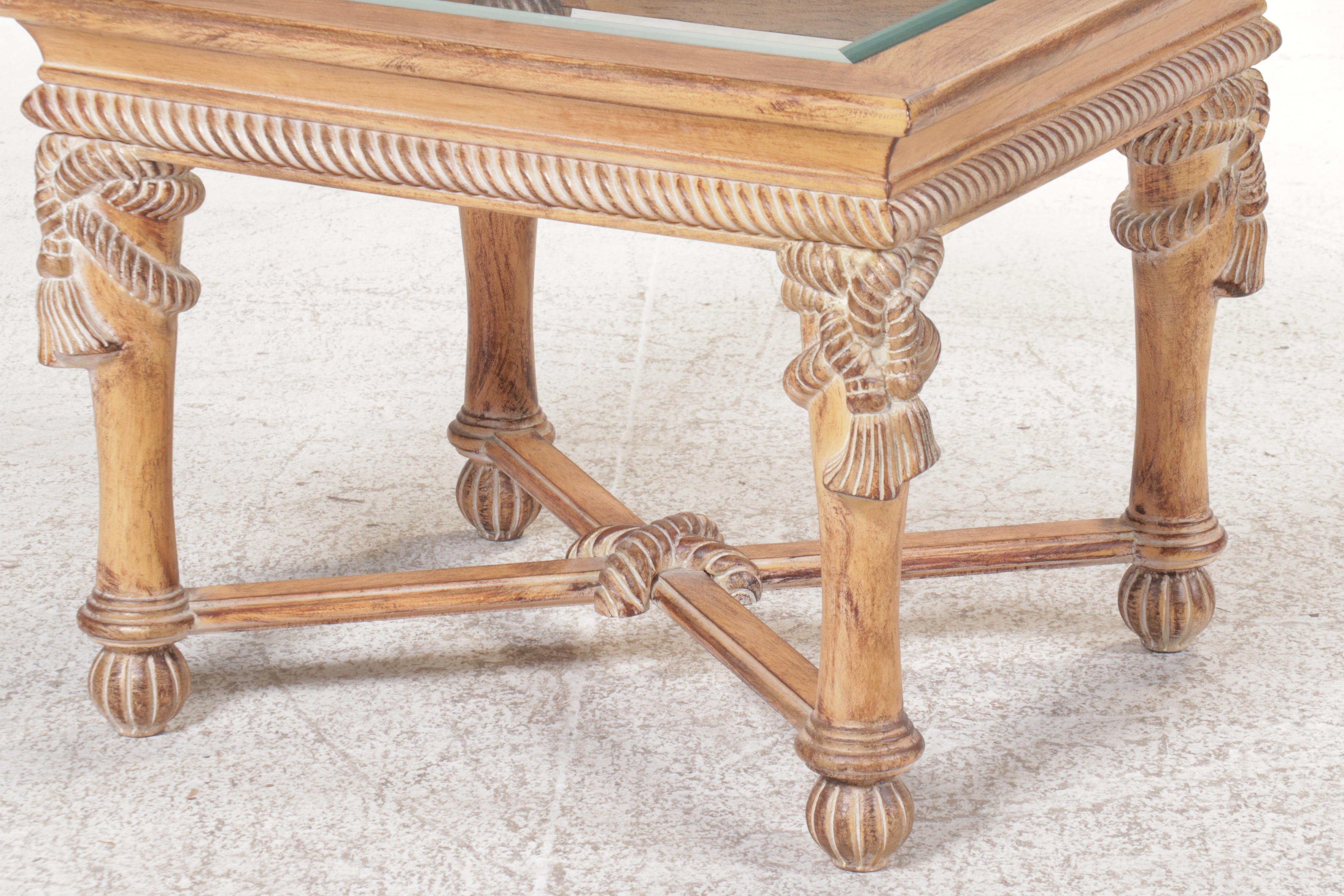 Neoclassical Style Carved Wood and Glass Side Table