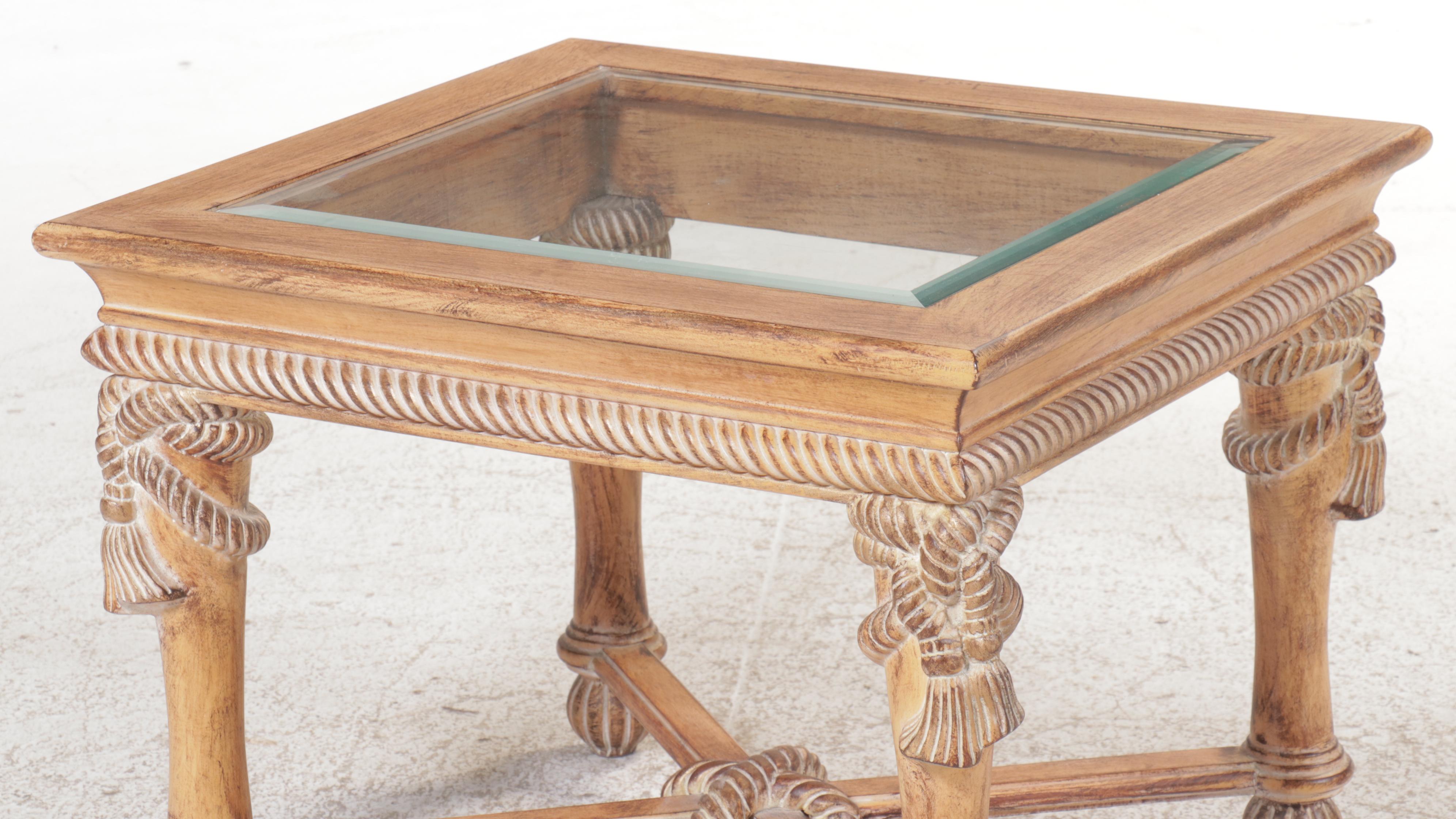Neoclassical Style Carved Wood and Glass Side Table