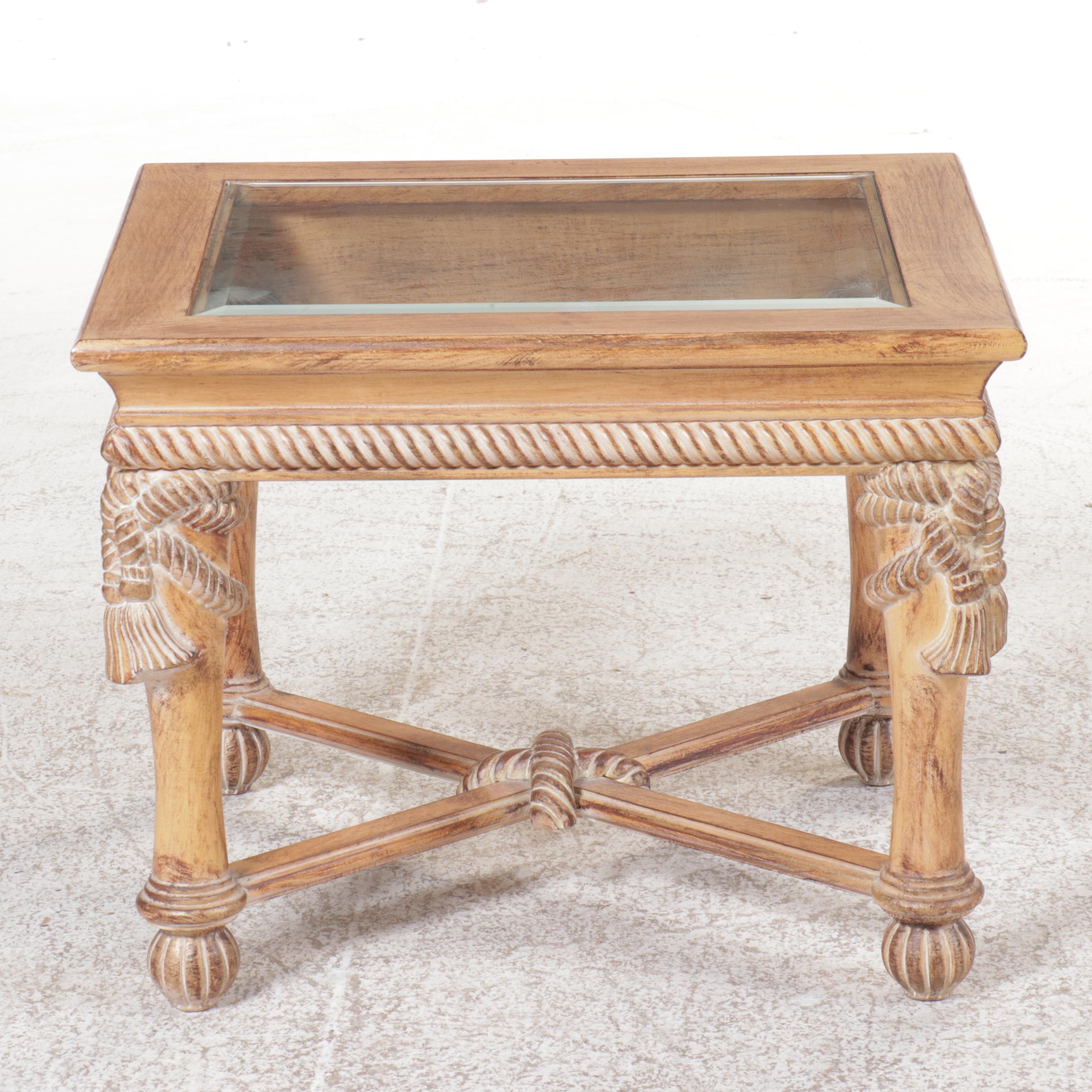 Neoclassical Style Carved Wood and Glass Side Table