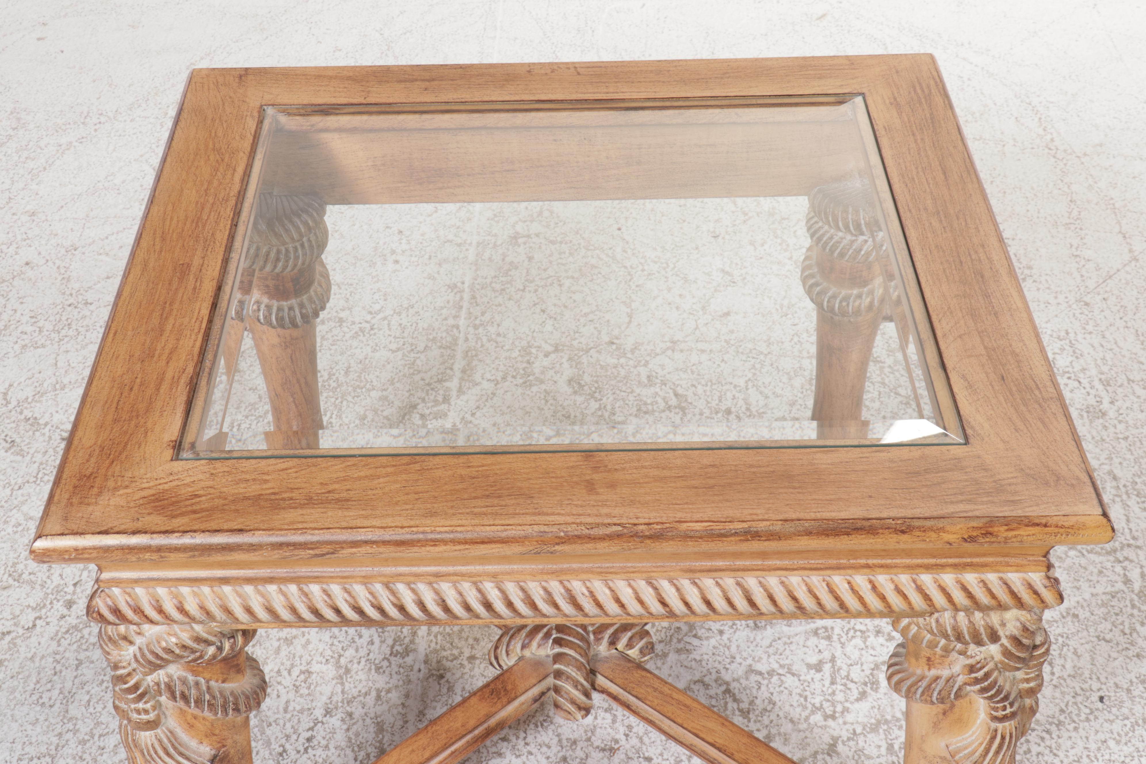 Neoclassical Style Carved Wood and Glass Side Table