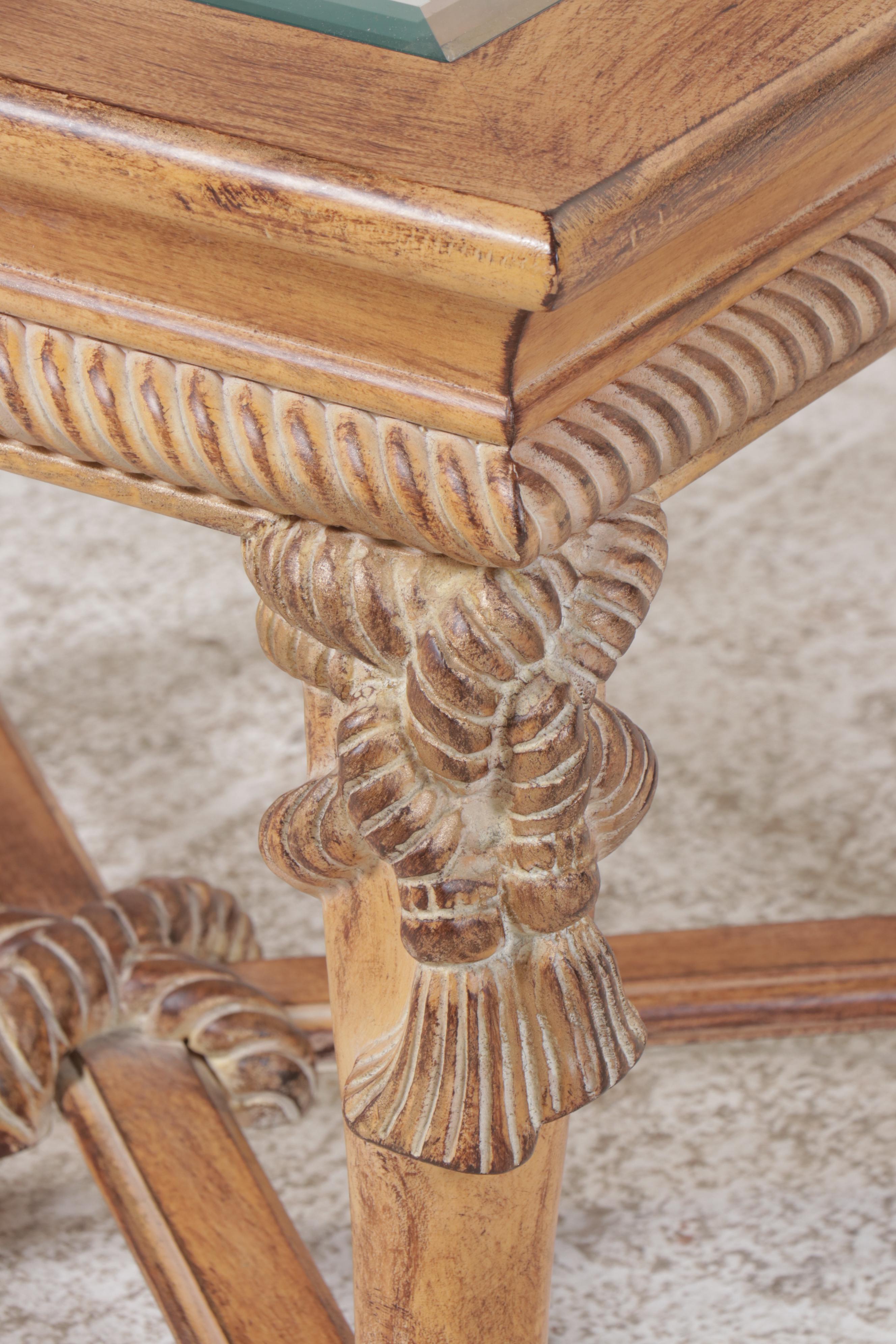 Neoclassical Style Carved Wood and Glass Side Table